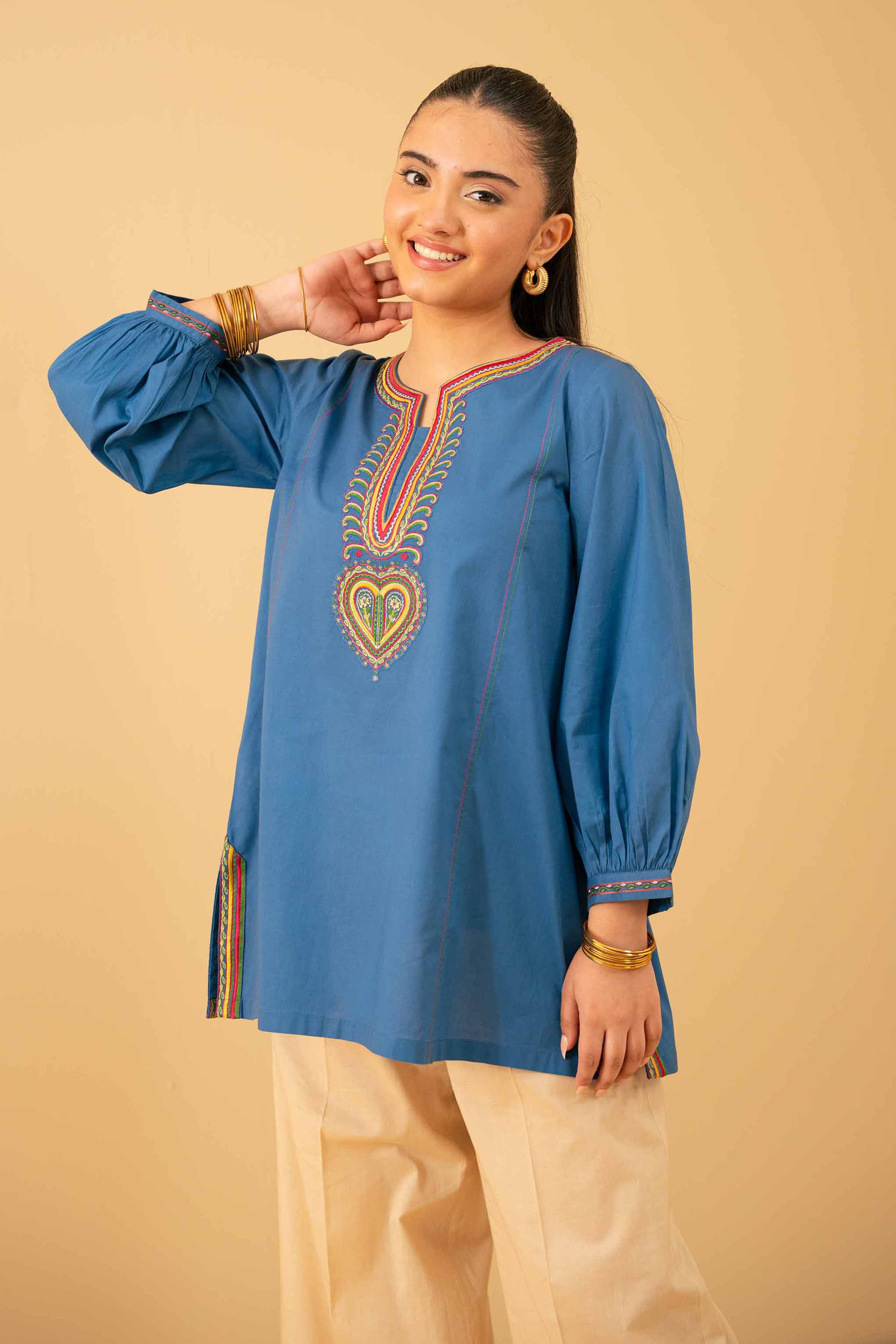 NishatUK - Blue Embroidered   Cambric 1-piece ready to wear Tunic