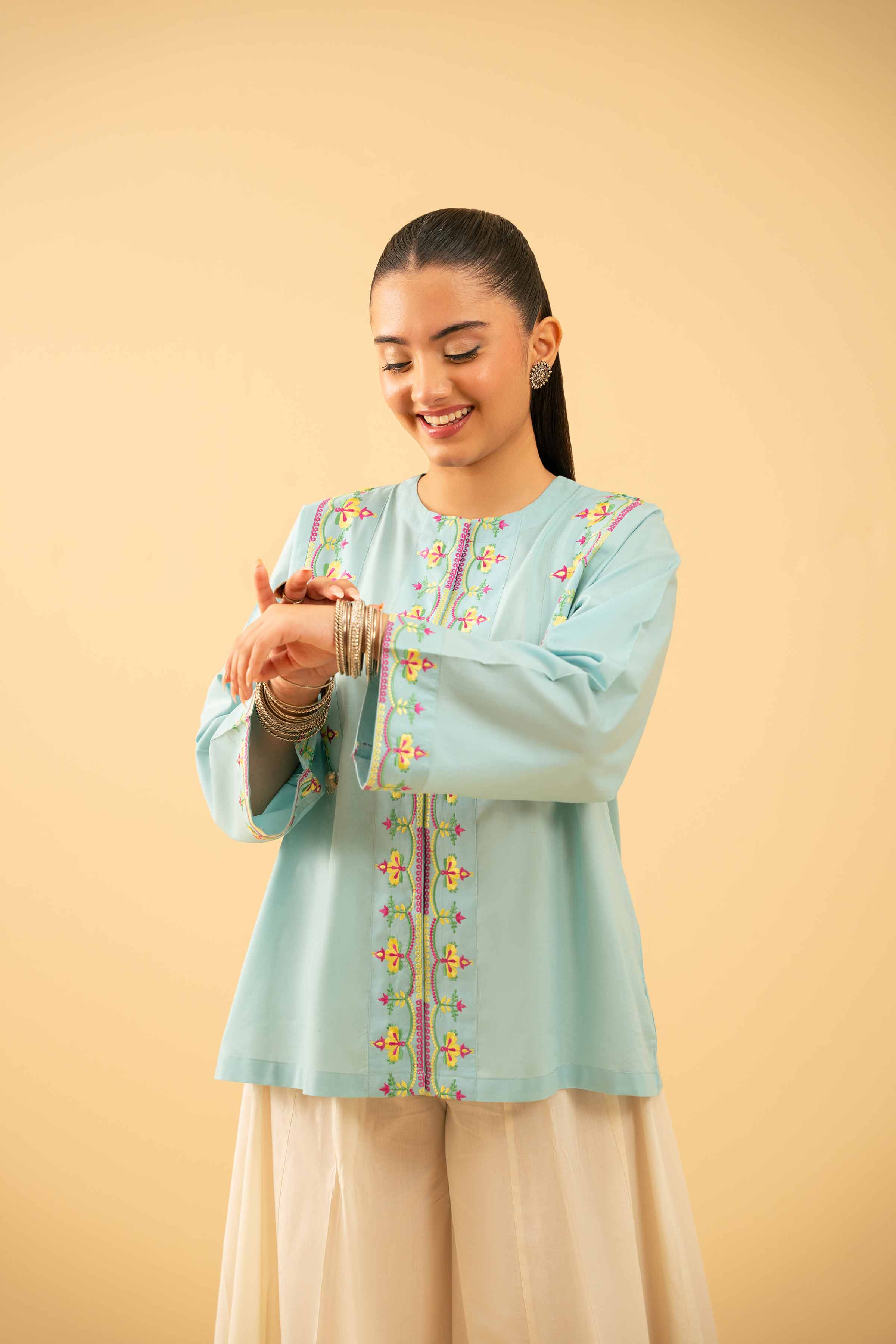 NishatUK - Sky Blue Embroidered   Cambric 1-piece ready to wear Tunic