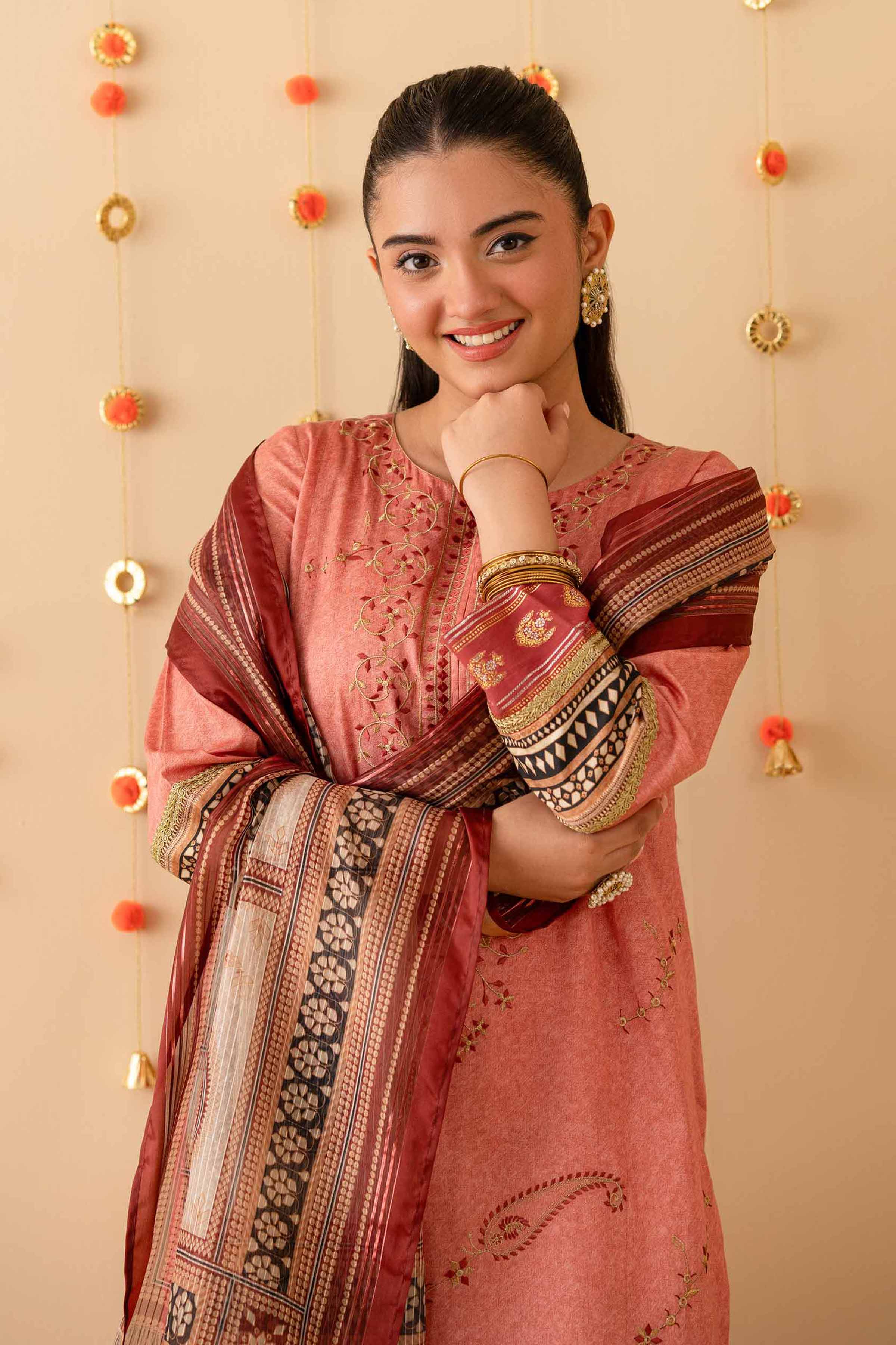 NishatUK - Pink Embroidered  Satin 3-piece ready to wear Suit