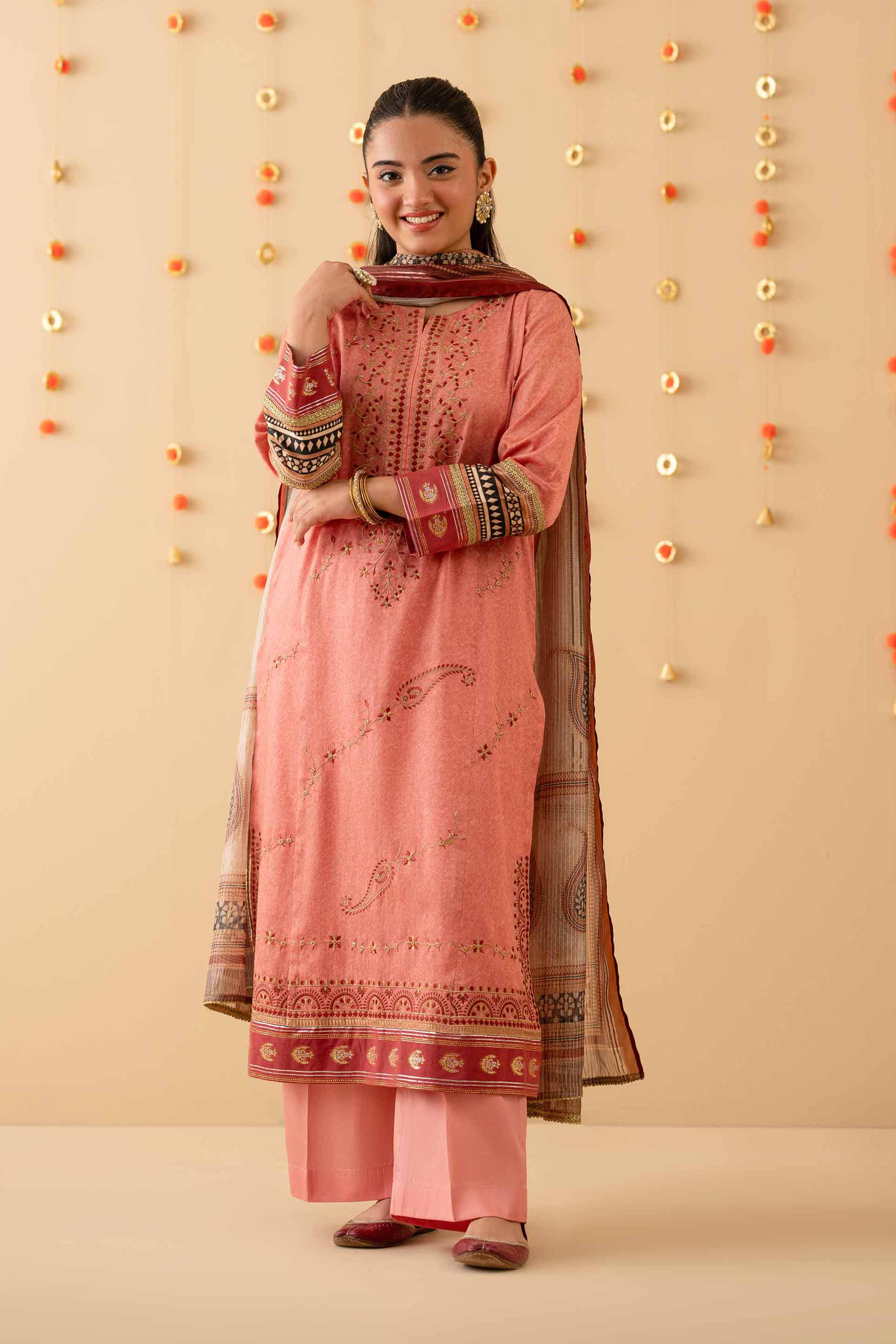 NishatUK - Pink Embroidered  Satin 3-piece ready to wear Suit