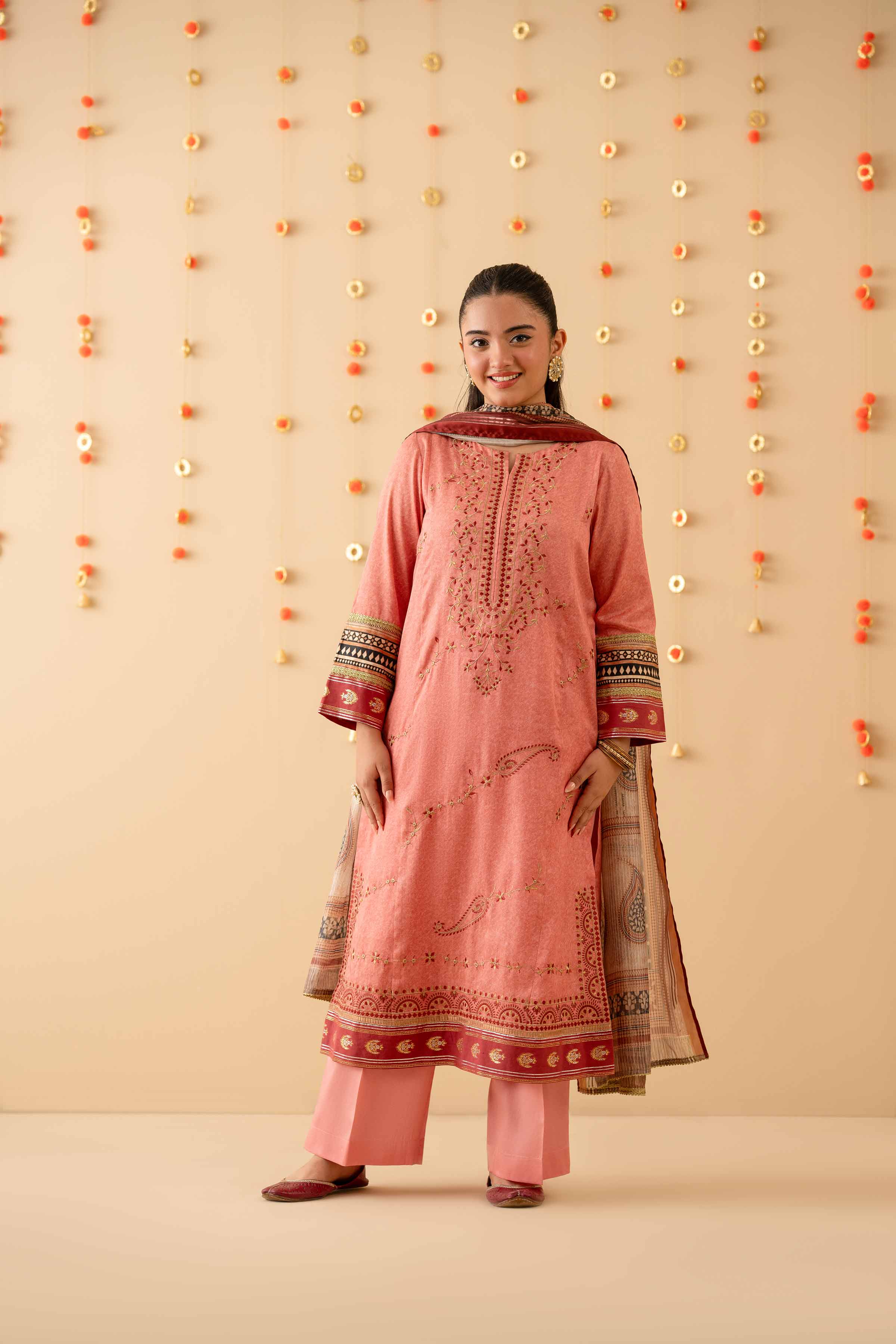 NishatUK - Pink Embroidered  Satin 3-piece ready to wear Suit