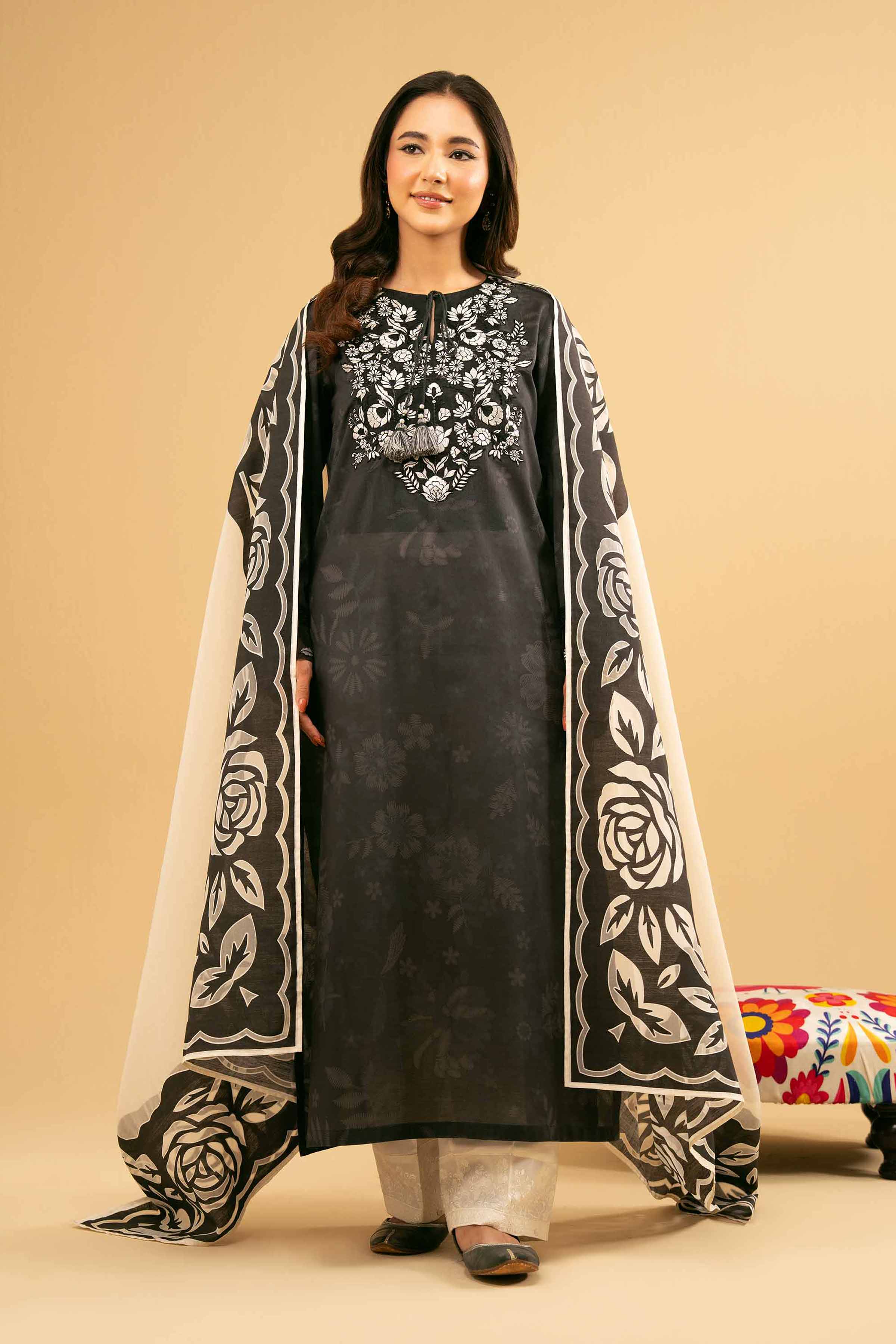 NishatUK - Black Embroidered Lawn 2-piece ready to wear Dress