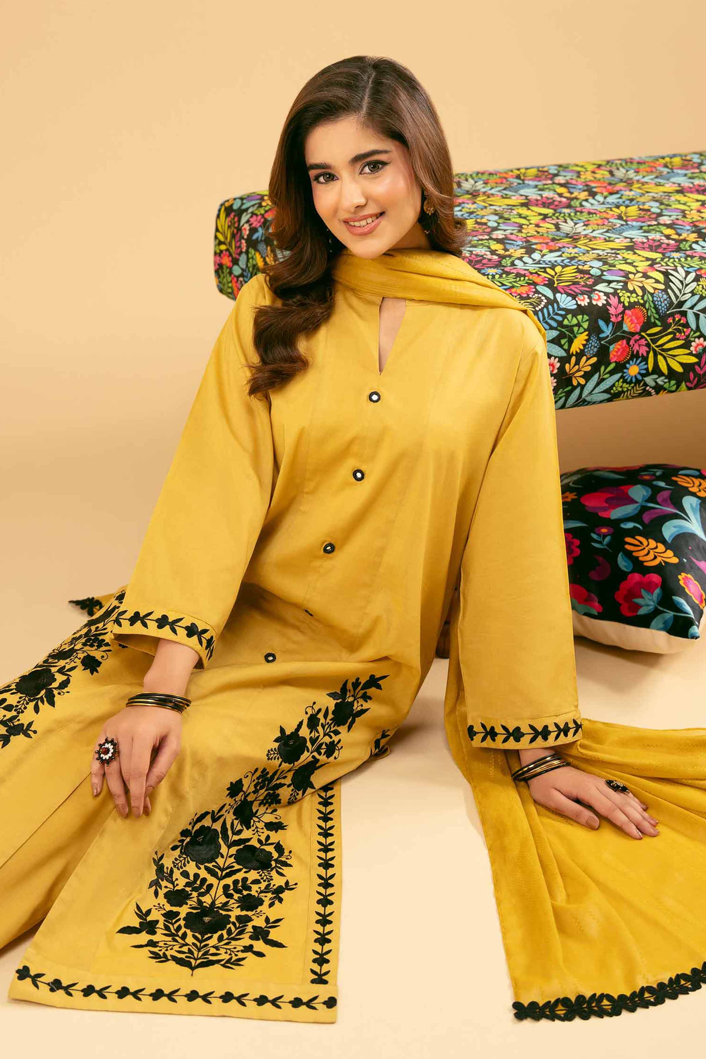 NishatUK - Yellow Embroidered Cambric 3-piece ready to wear Suit