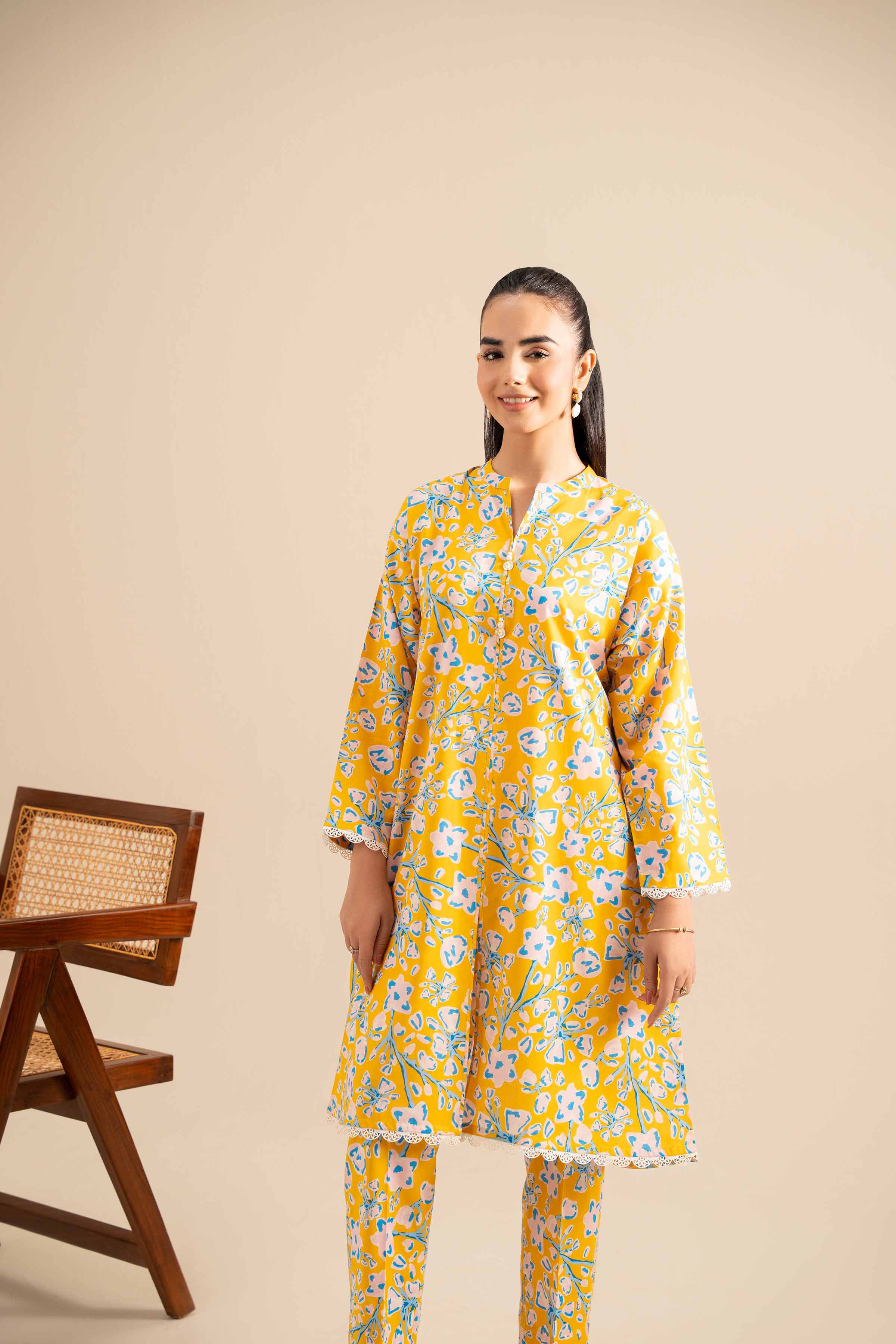 NishatUK - Yellow Printed  Cotton 2-piece ready to wear Dress