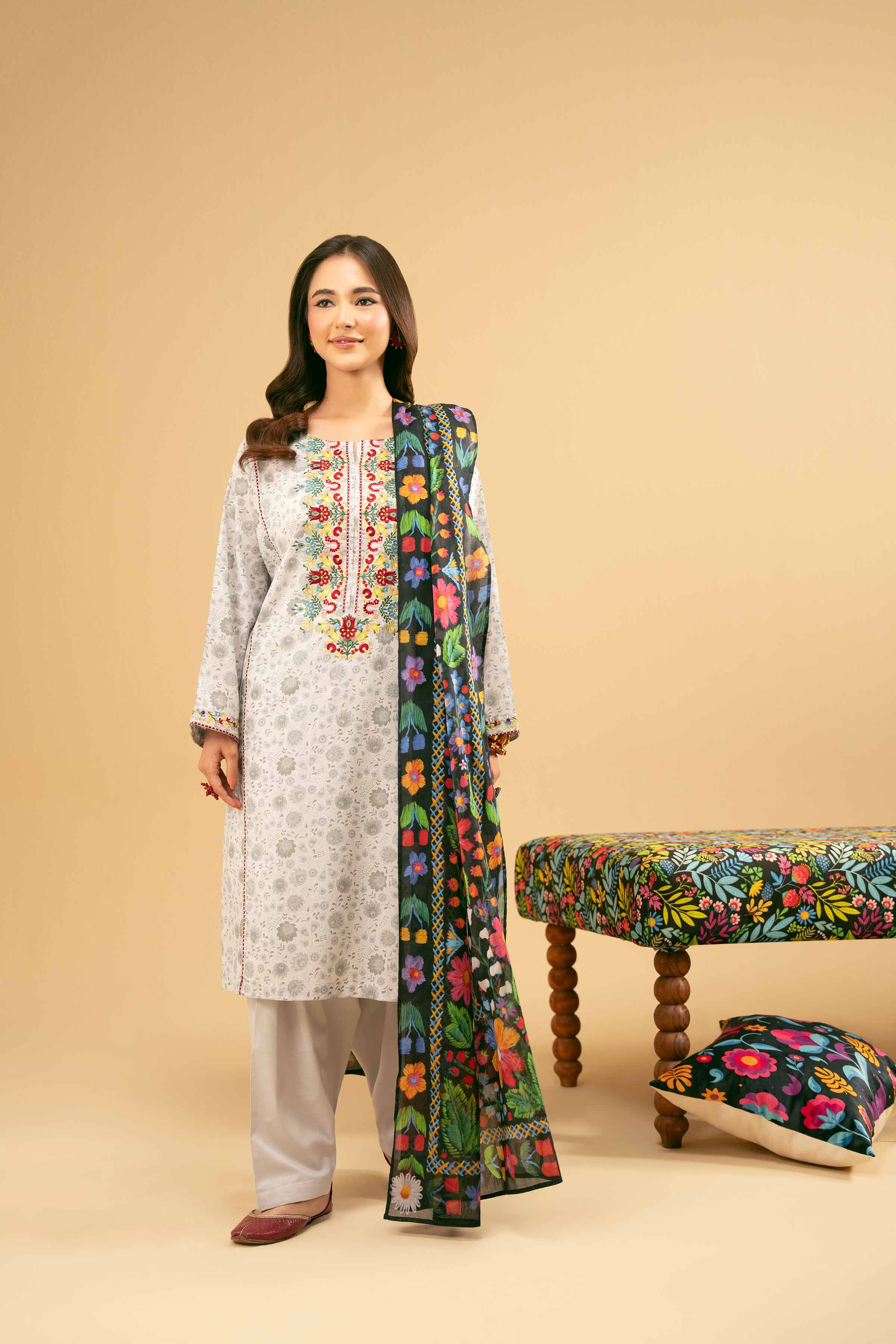 NishatUK - Grey Embroidered  Lawn 3-piece ready to wear Suit