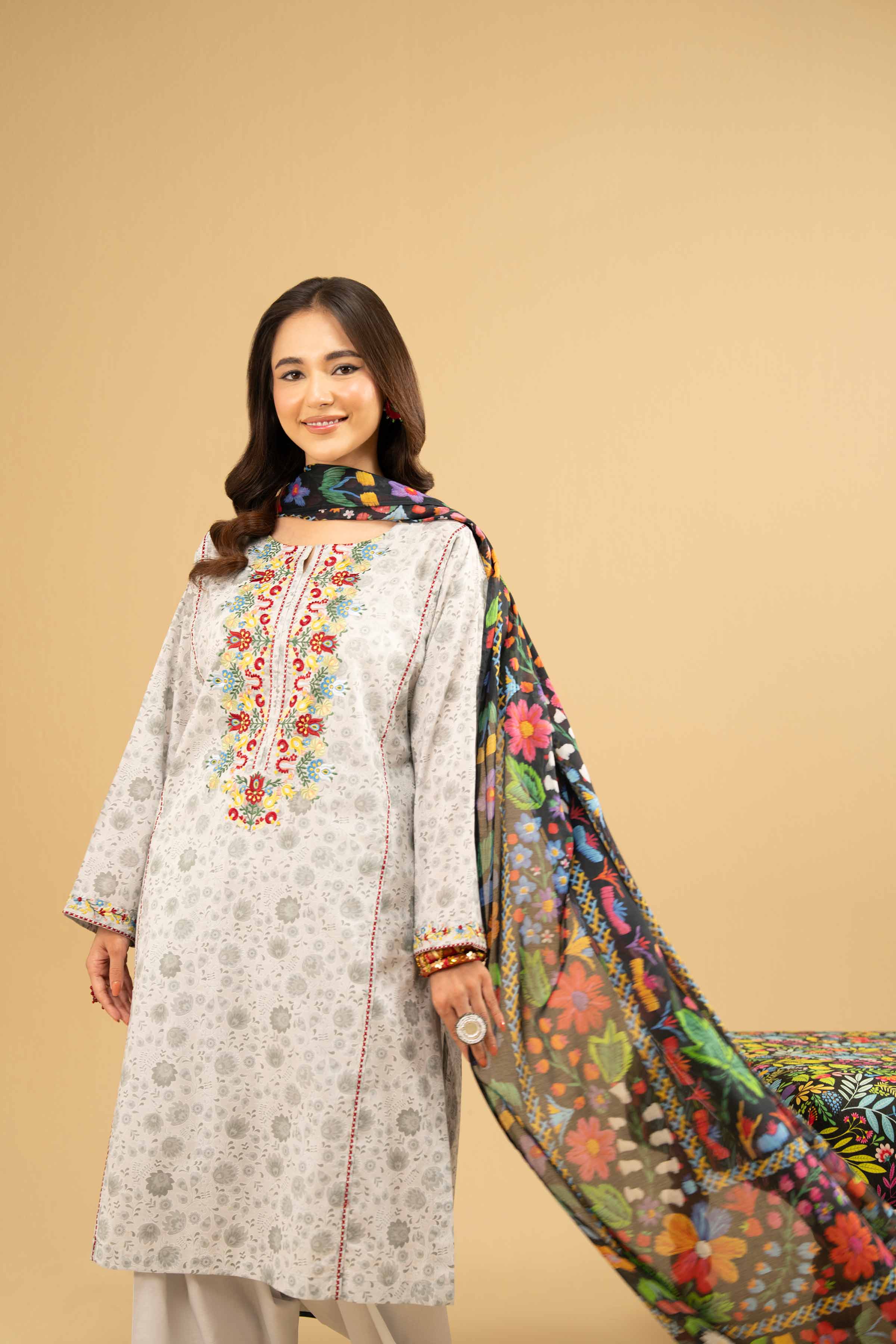 NishatUK - Grey Embroidered  Lawn 3-piece ready to wear Suit
