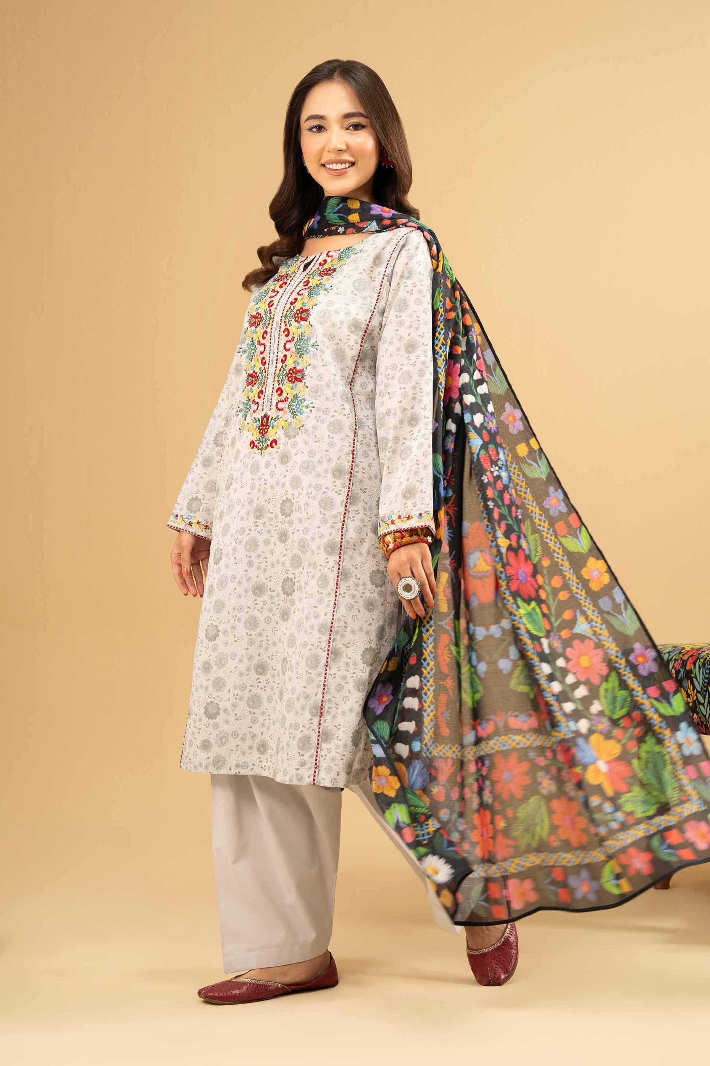 NishatUK - Grey Embroidered  Lawn 3-piece ready to wear Suit