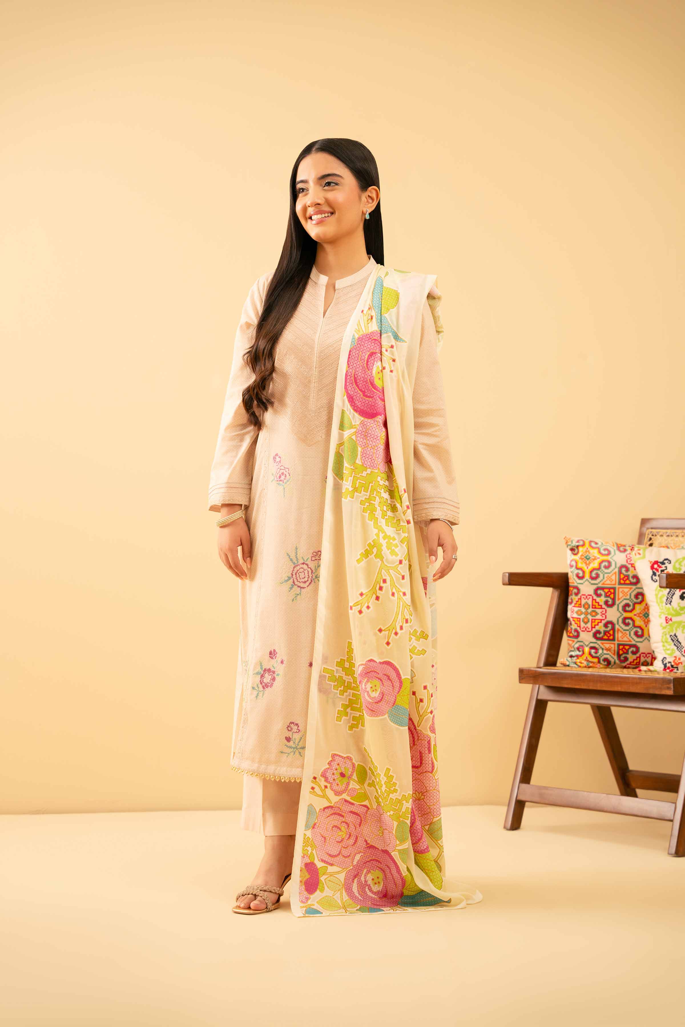 NishatUK - Beige Embroidered Lawn 3-piece ready to wear Suit