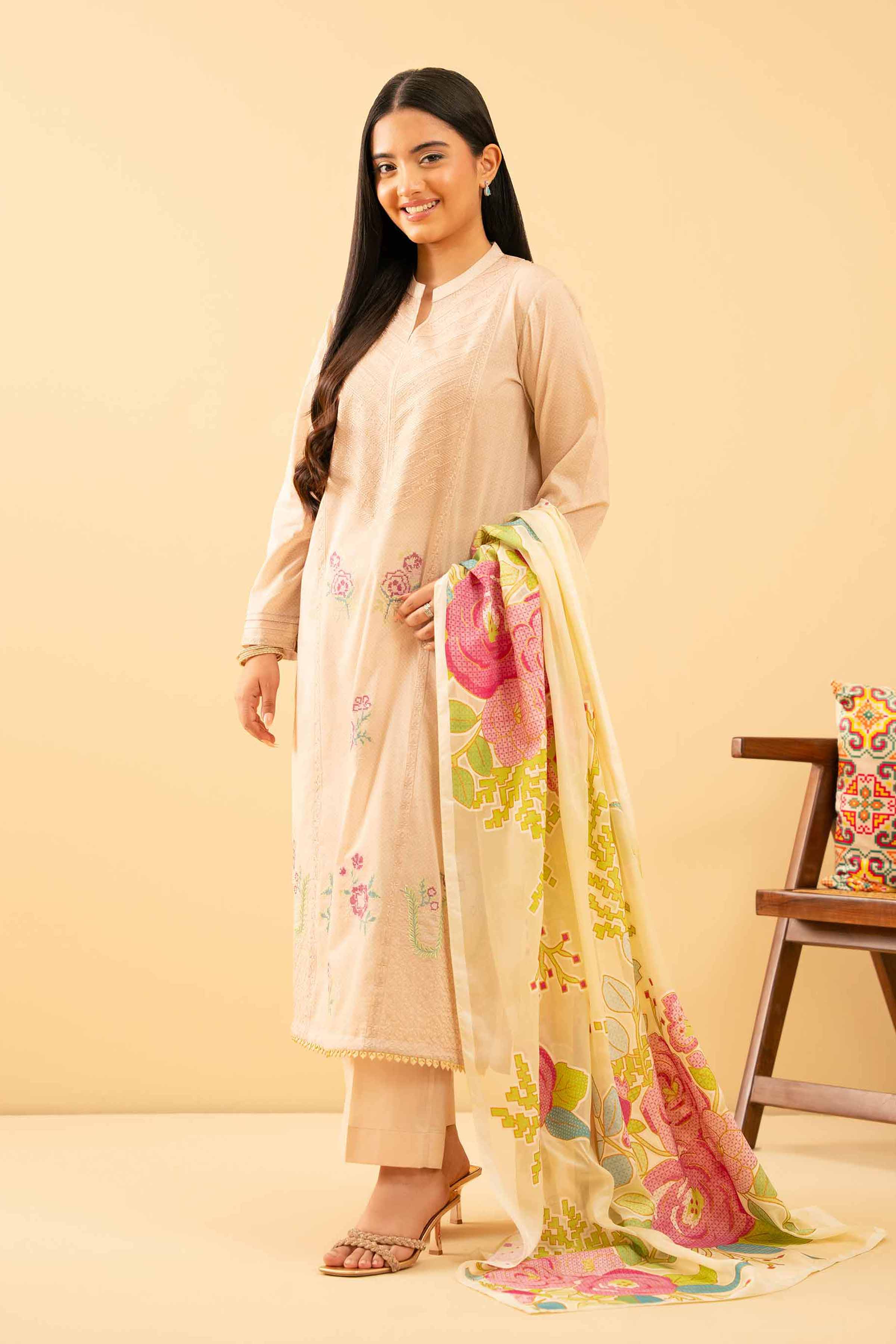 NishatUK - Beige Embroidered Lawn 3-piece ready to wear Suit