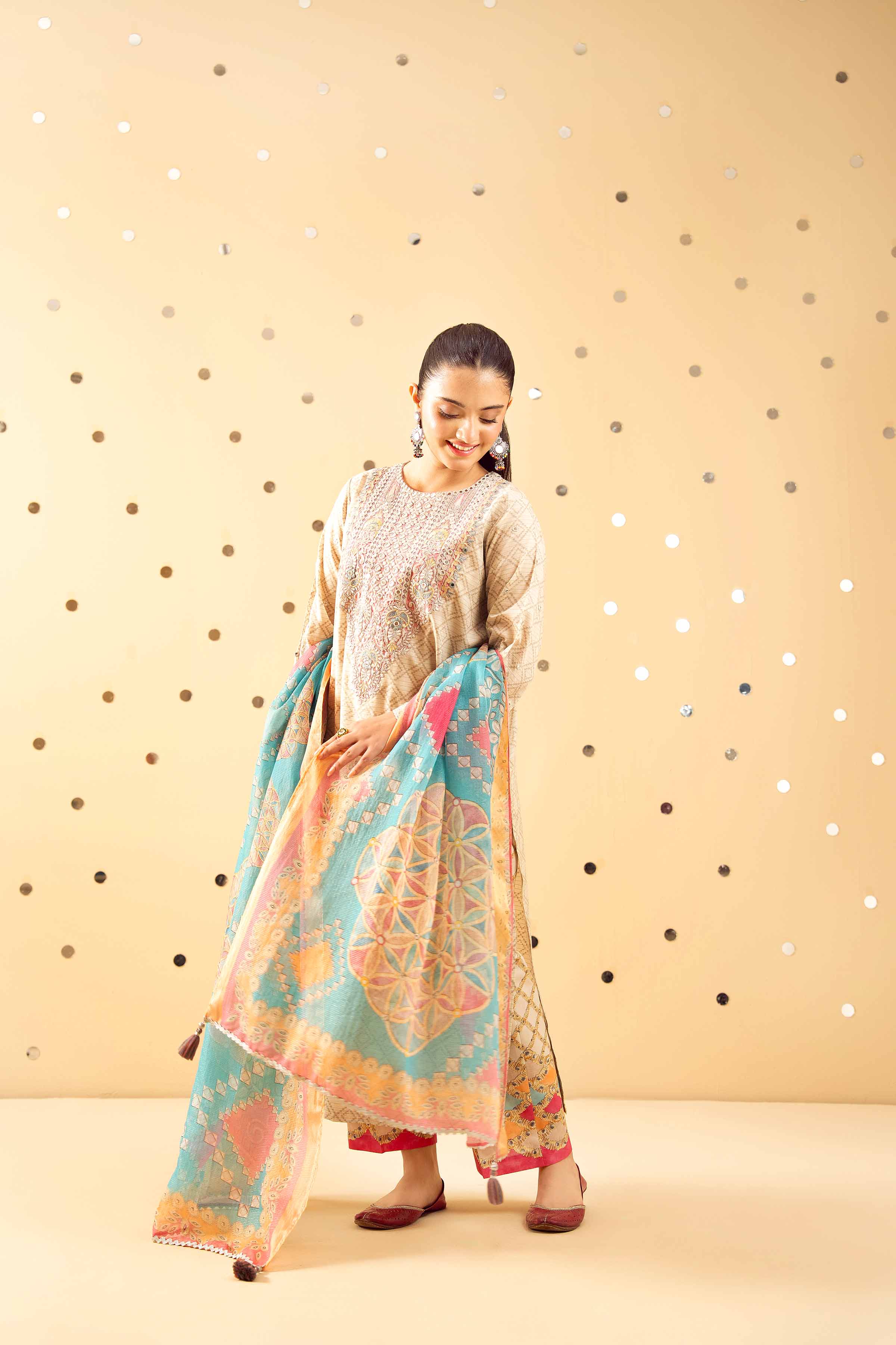 NishatUK - Beige Embroidered Lawn 3-piece ready to wear Suit
