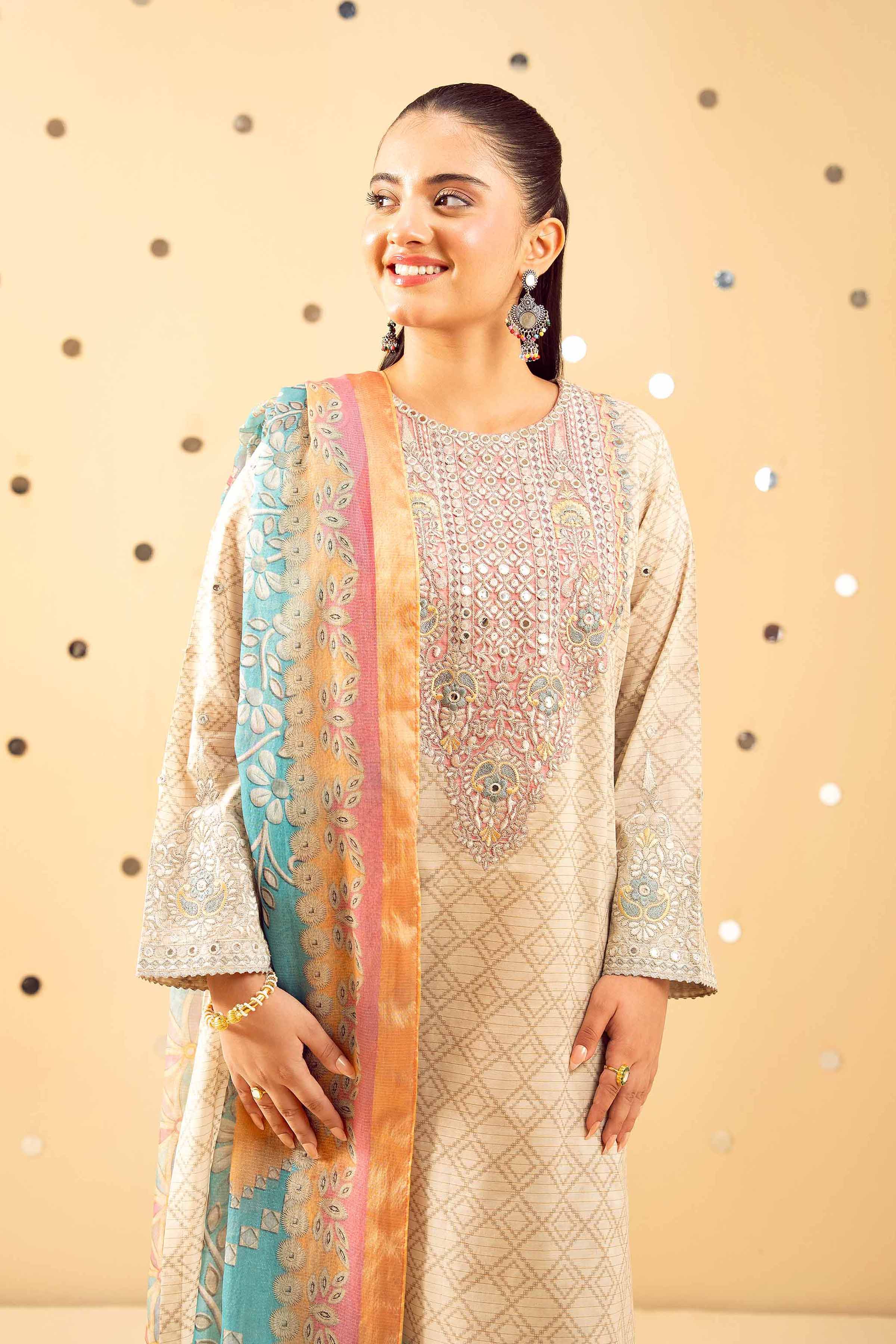 NishatUK - Beige Embroidered Lawn 3-piece ready to wear Suit