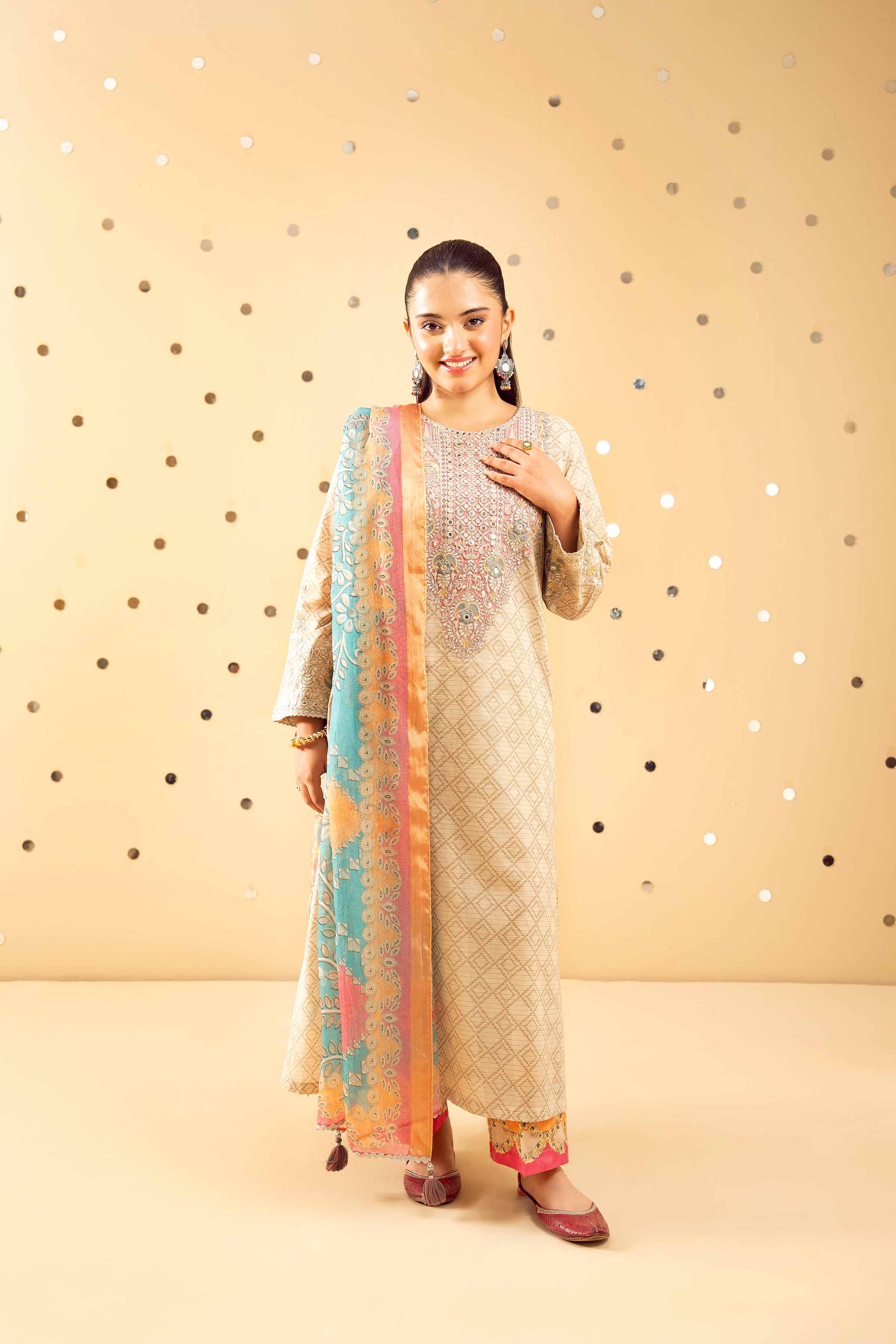 NishatUK - Beige Embroidered Lawn 3-piece ready to wear Suit