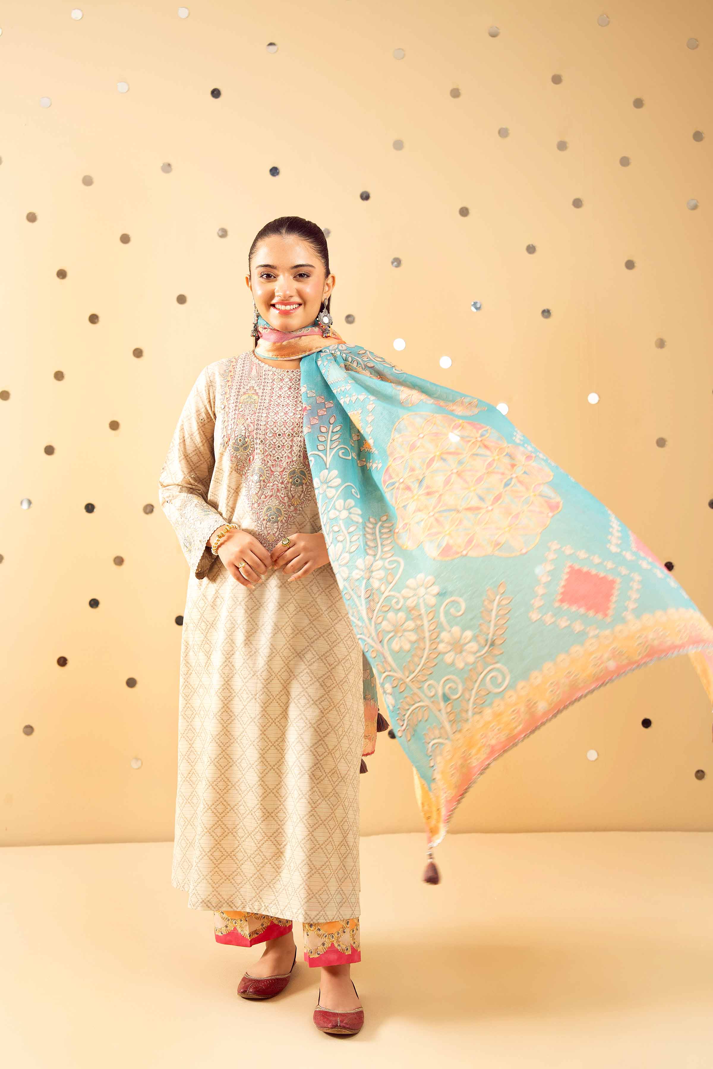NishatUK - Beige Embroidered Lawn 3-piece ready to wear Suit