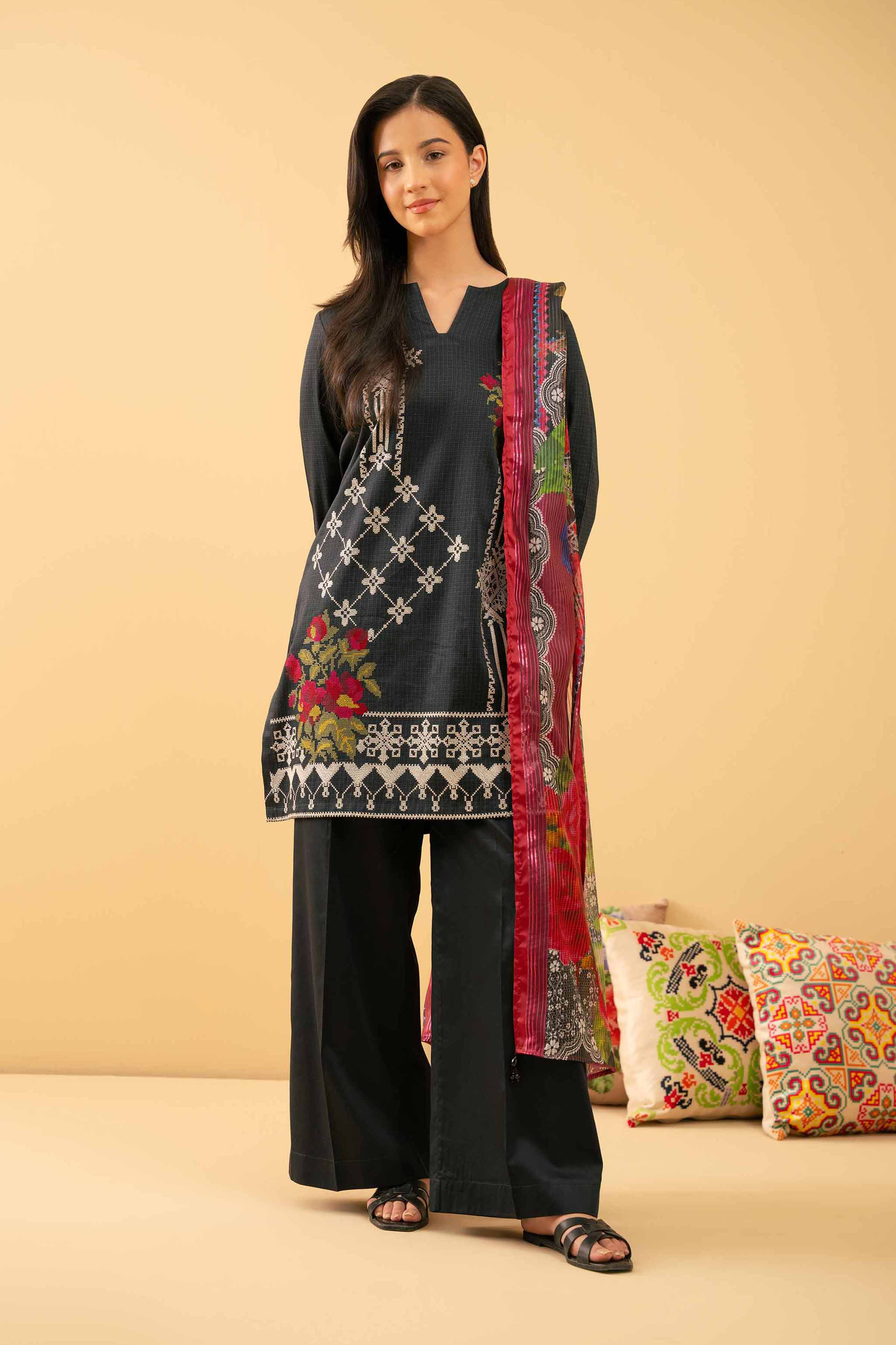 NishatUK - Black Embroidered  Satin 3-piece ready to wear Suit