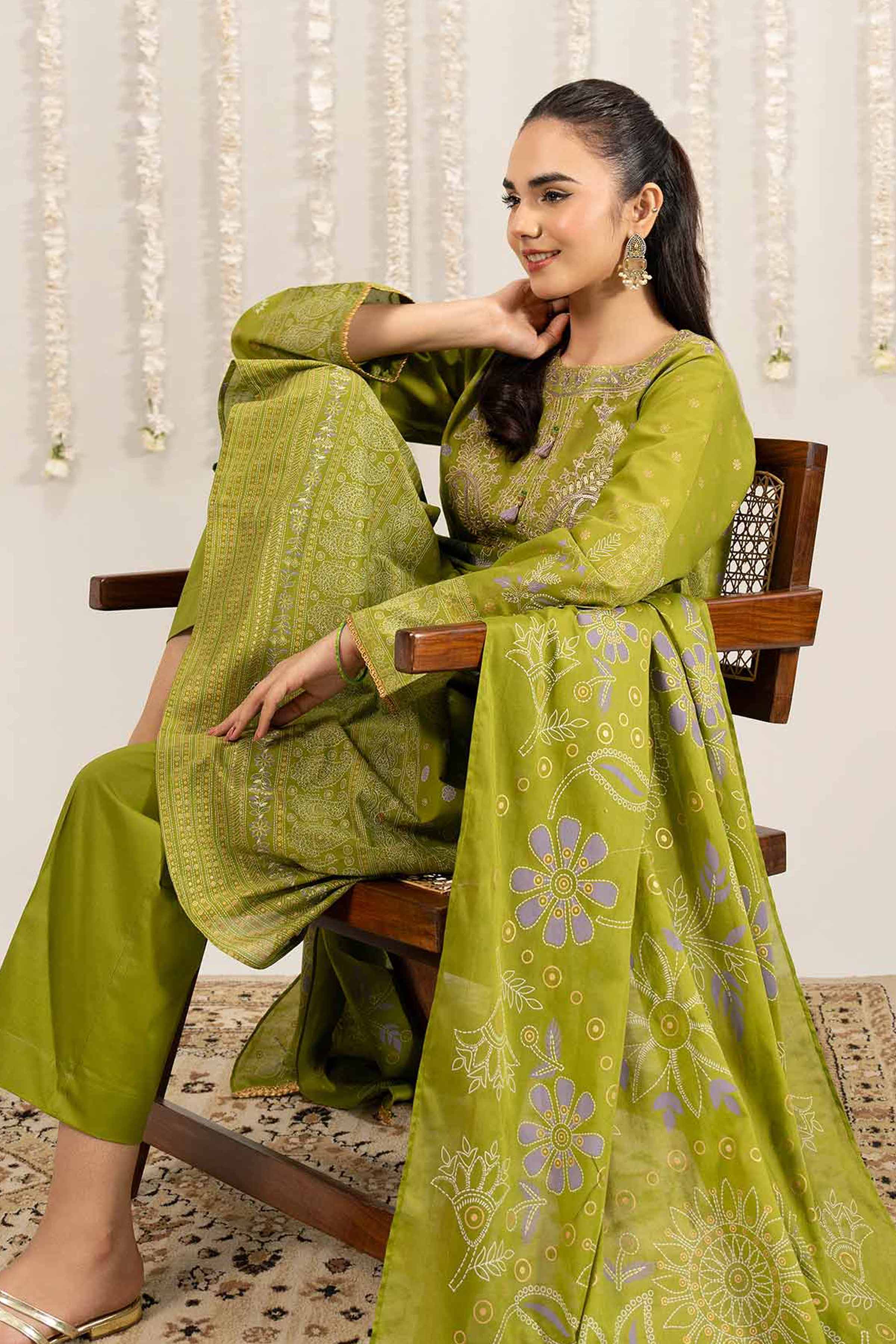 NishatUK - Olive Green Embroidered Lawn 3-piece ready to wear Suit