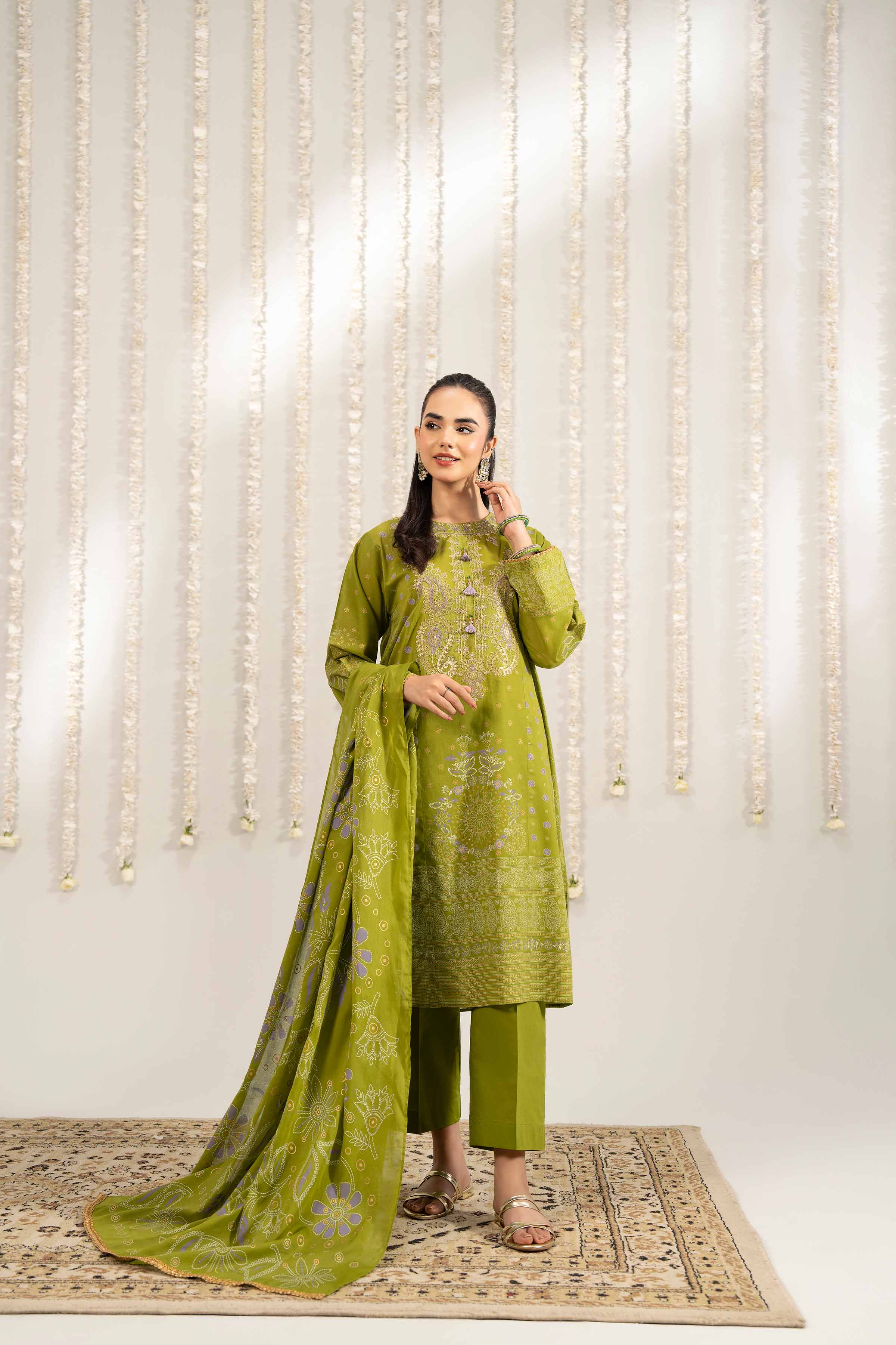 NishatUK - Olive Green Embroidered Lawn 3-piece ready to wear Suit