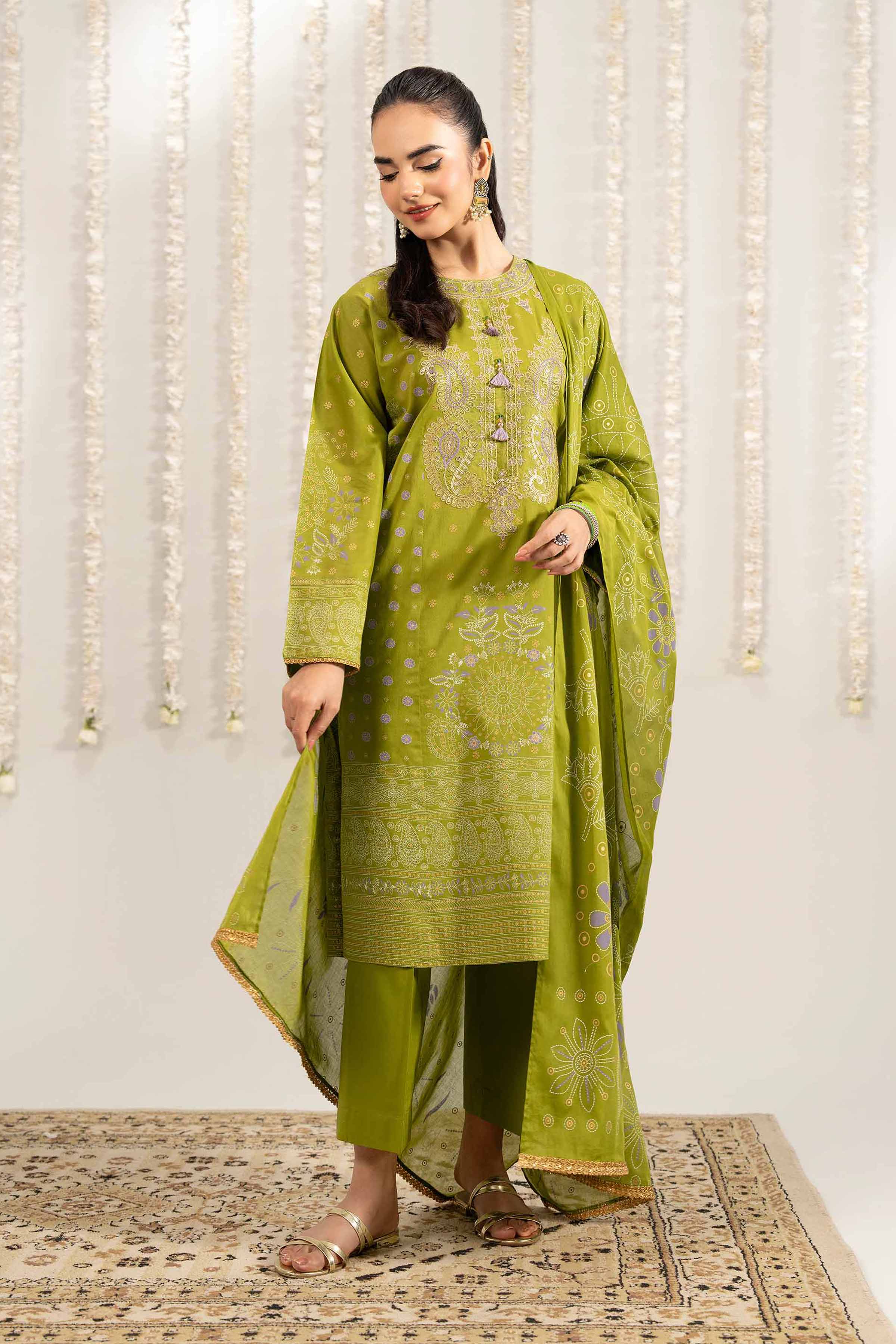 NishatUK - Olive Green Embroidered Lawn 3-piece ready to wear Suit