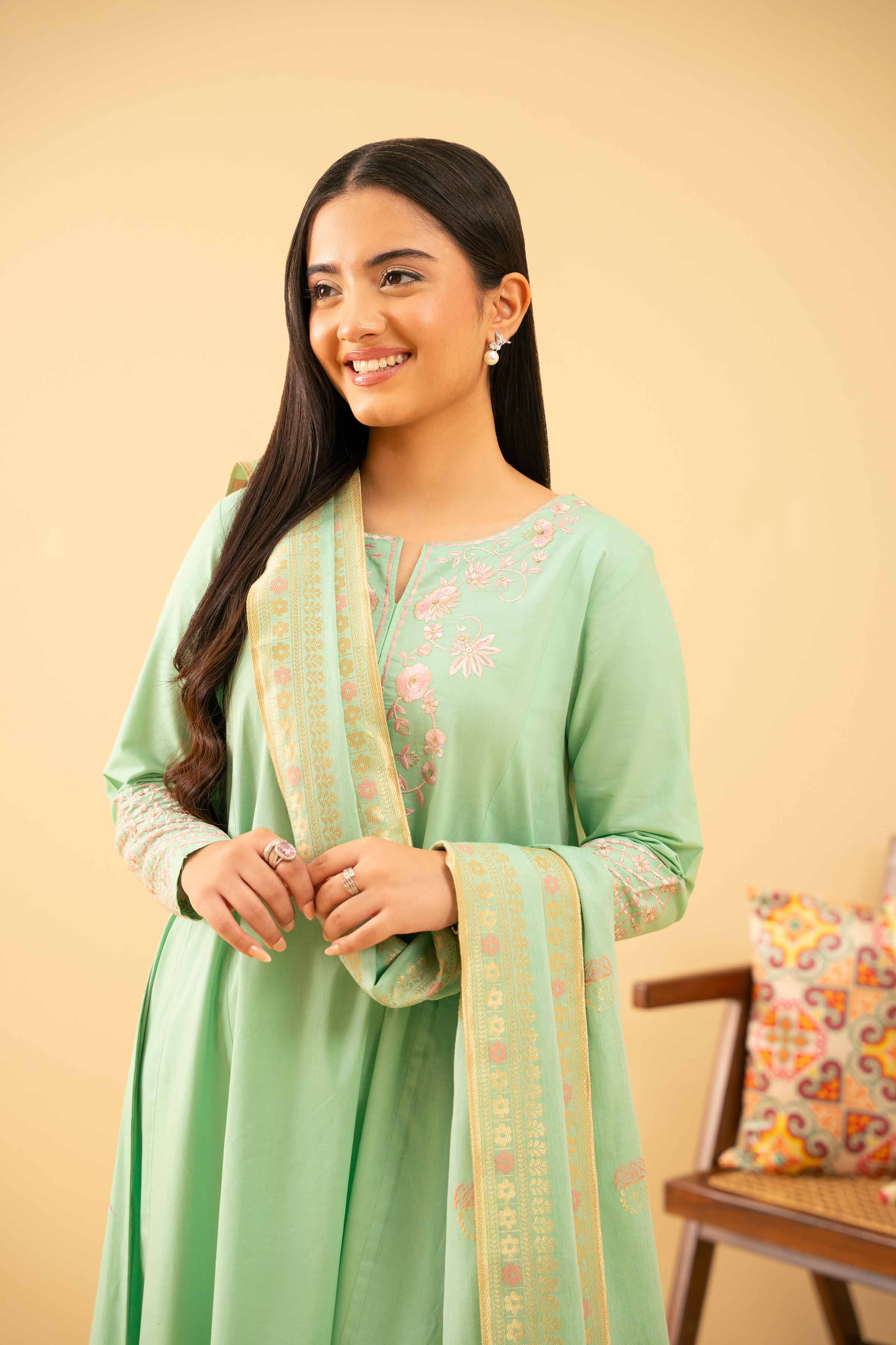 NishatUK - Green Embroidered Cambric 3-piece ready to wear Suit