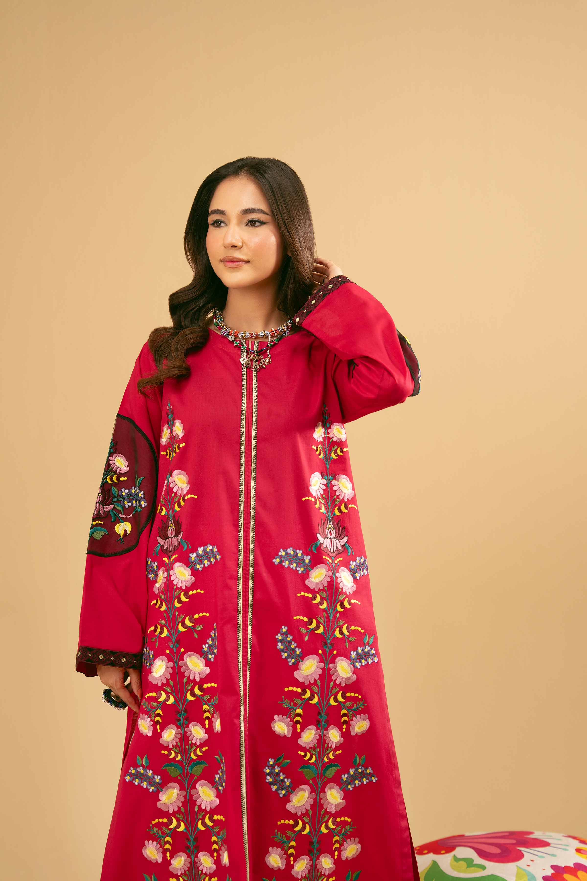 NishatUK - Shocking Pink Embroidered Cambric 1-piece ready to wear Kurta