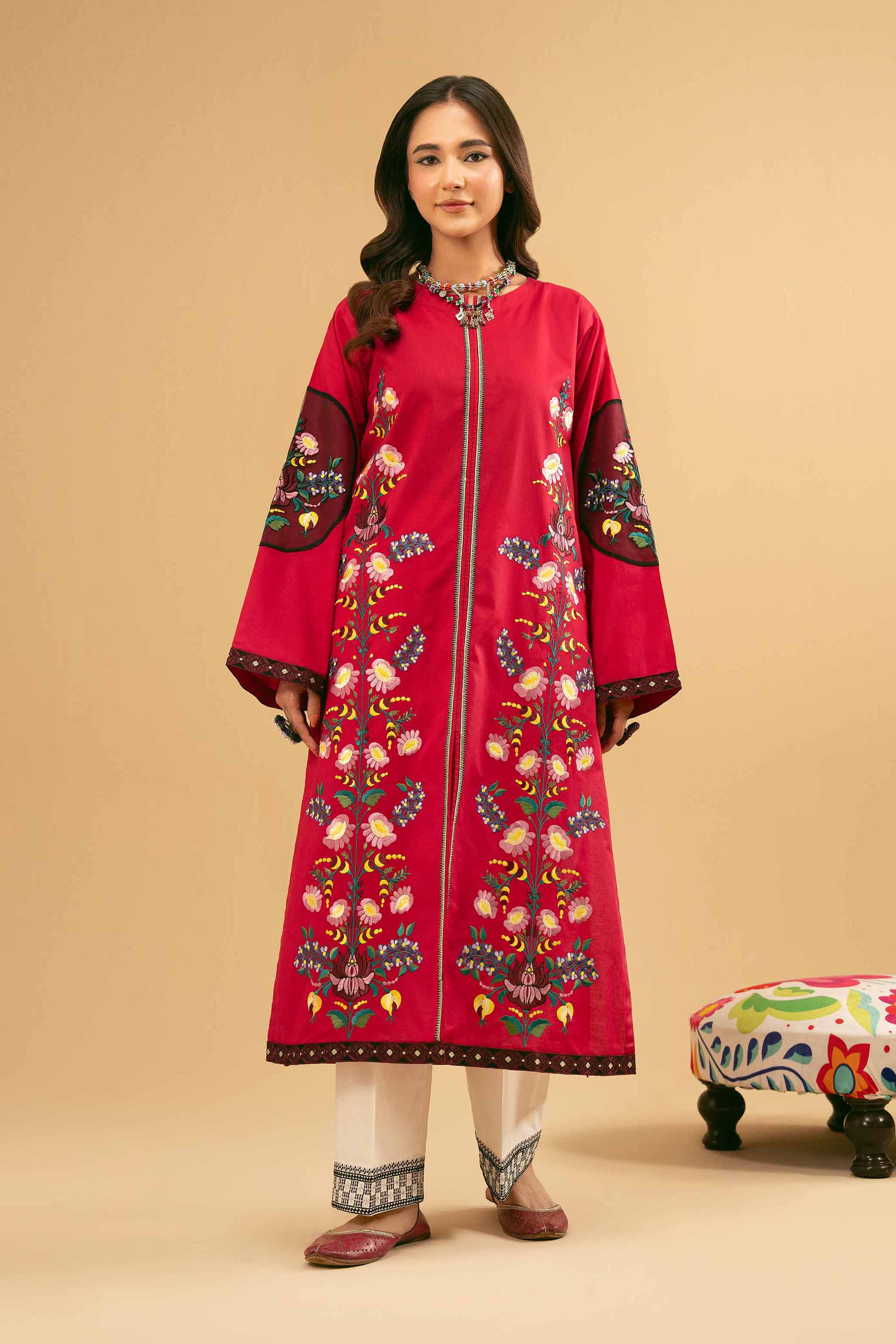 NishatUK - Shocking Pink Embroidered Cambric 1-piece ready to wear Kurta