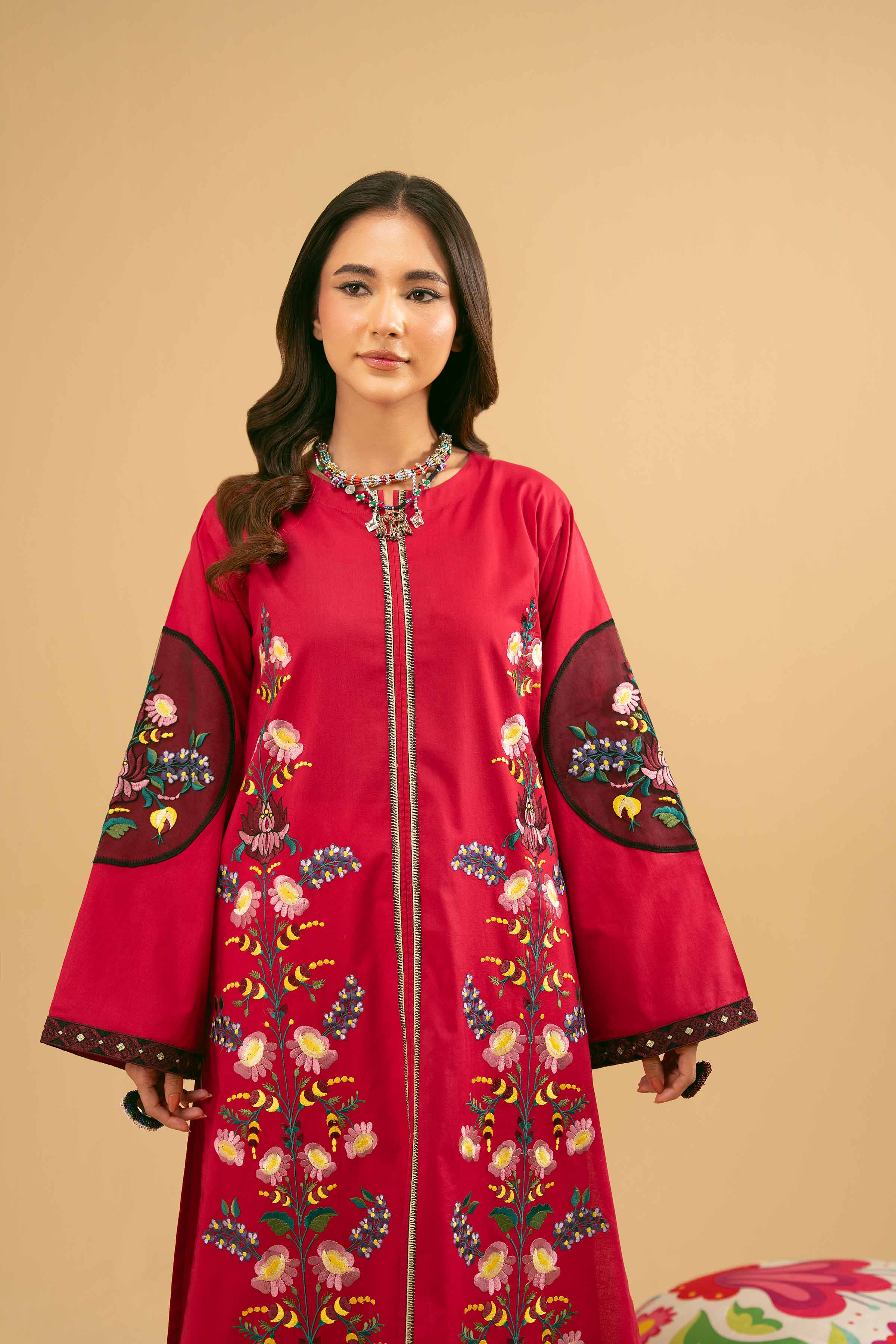 NishatUK - Shocking Pink Embroidered Cambric 1-piece ready to wear Kurta