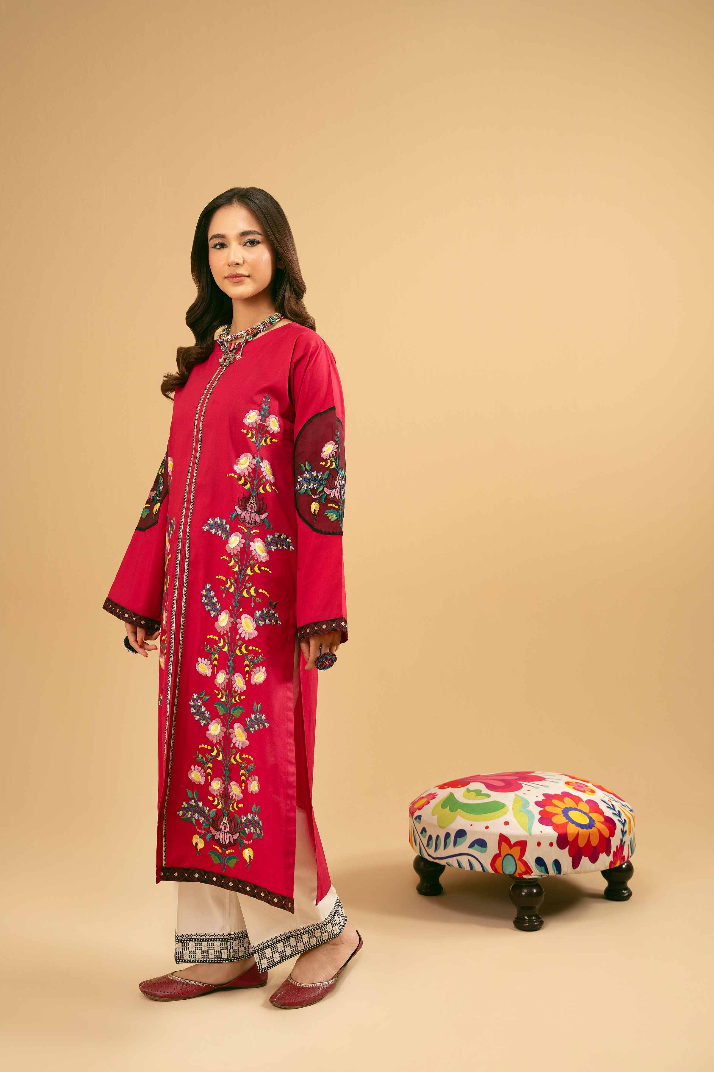 NishatUK - Shocking Pink Embroidered Cambric 1-piece ready to wear Kurta