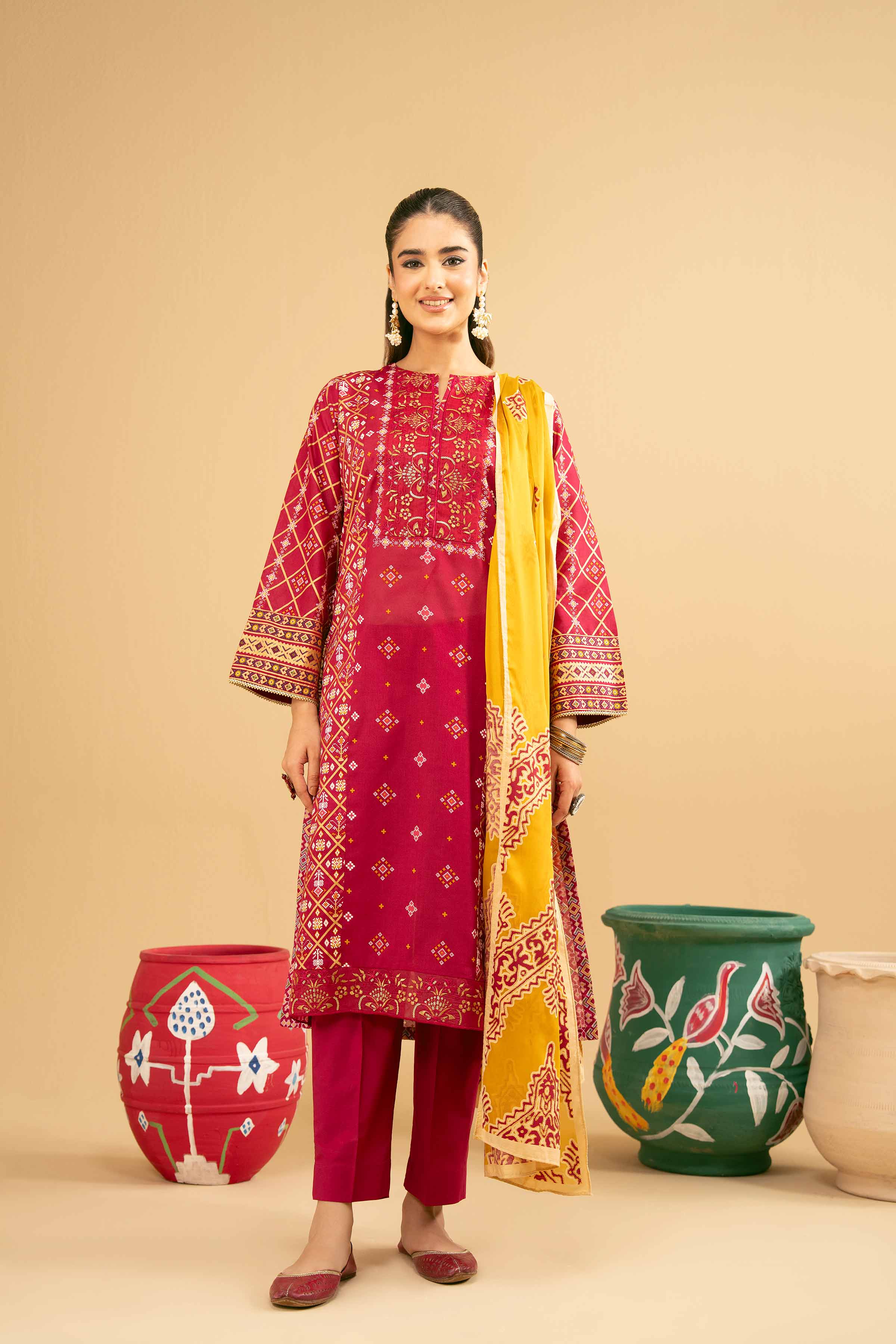 NishatUK - Red Embroidered  Lawn 3-piece ready to wear Suit