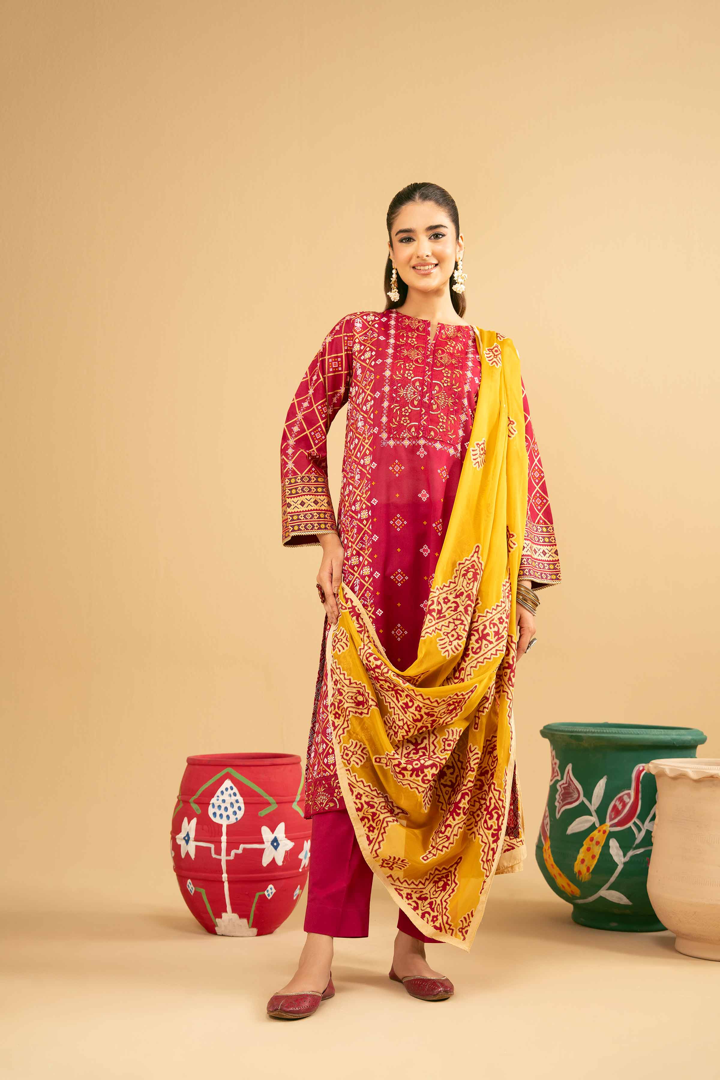 NishatUK - Red Embroidered  Lawn 3-piece ready to wear Suit