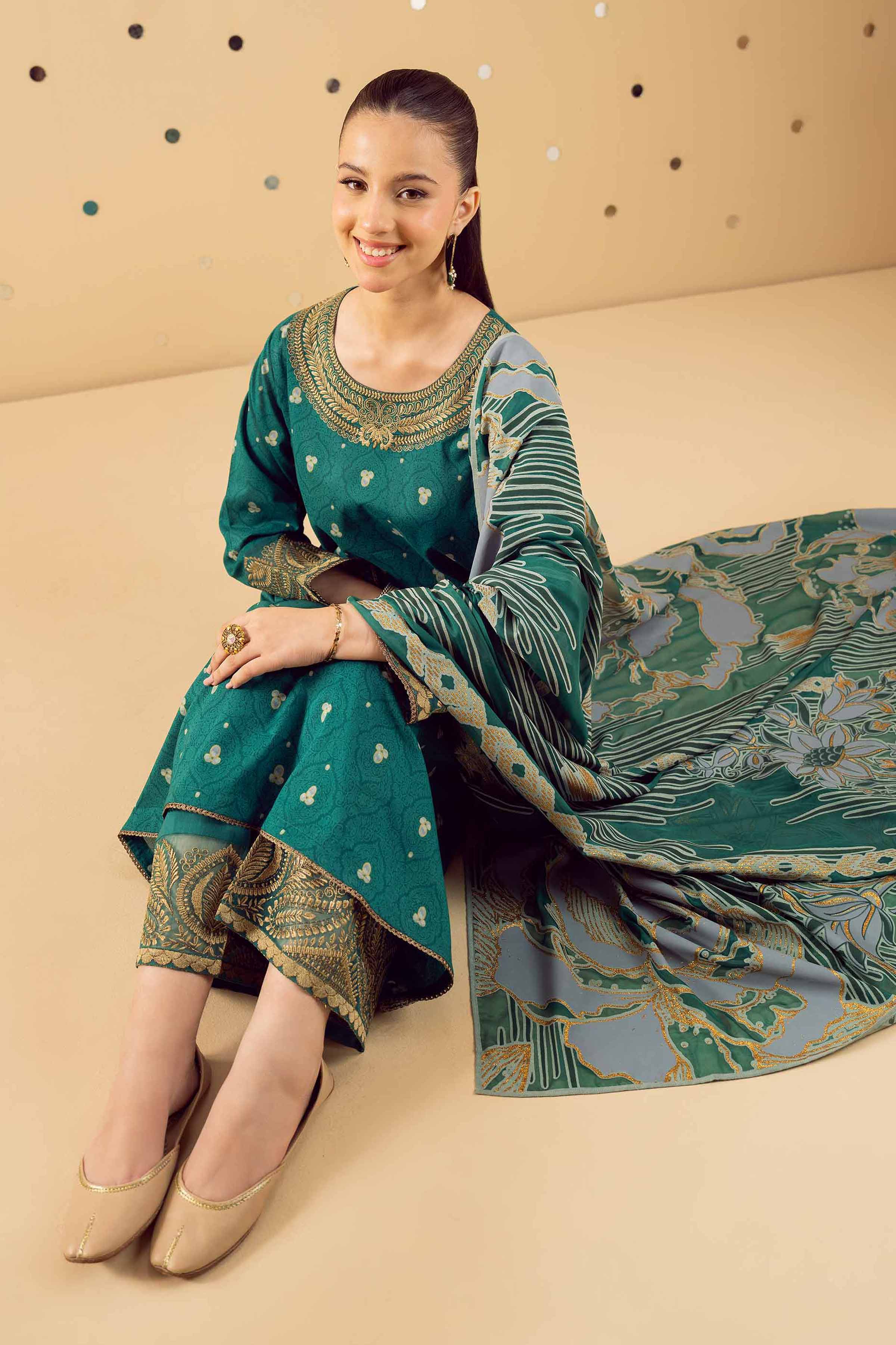 NishatUK - Green Embroidered  Lawn 3-piece ready to wear Suit
