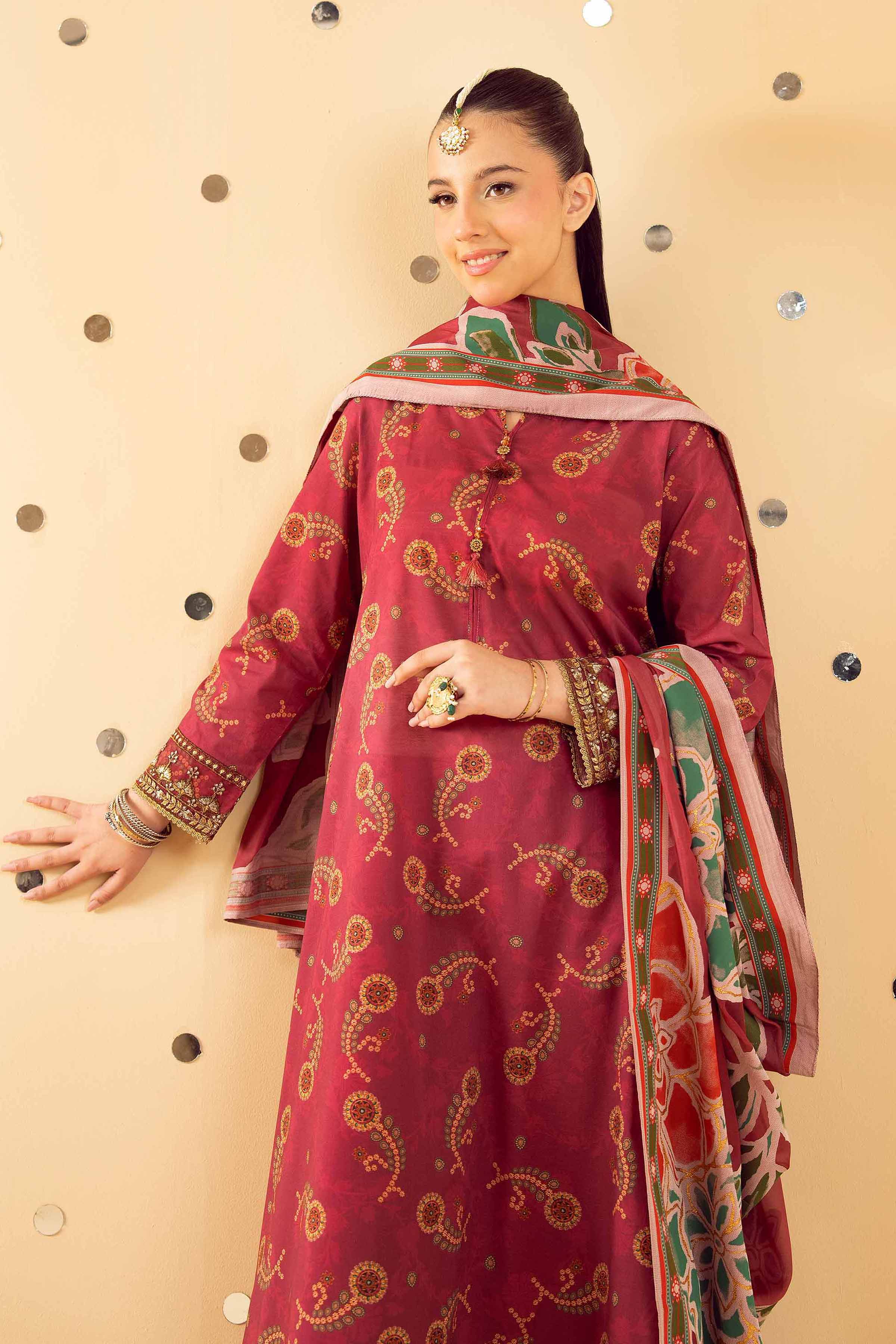 NishatUK - Red Printed  Lawn 3-piece ready to wear Suit
