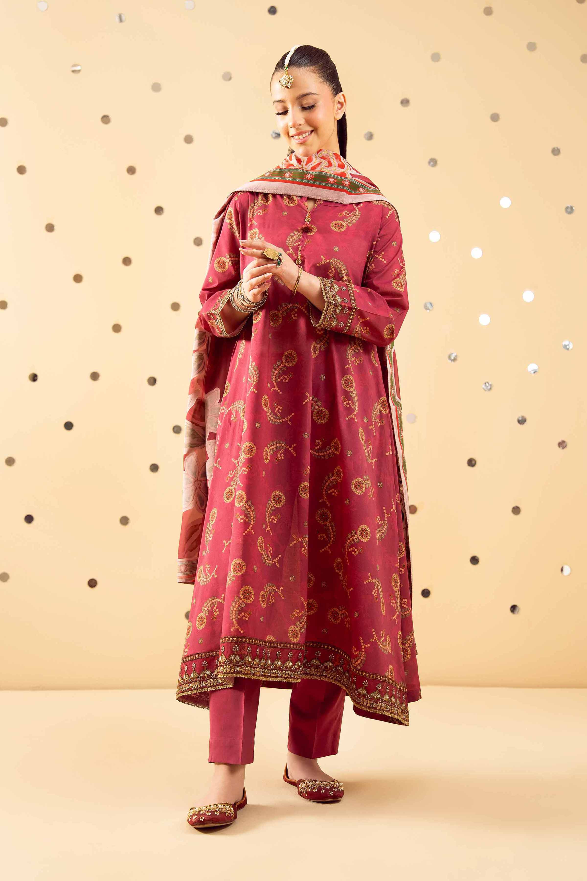 NishatUK - Red Printed  Lawn 3-piece ready to wear Suit