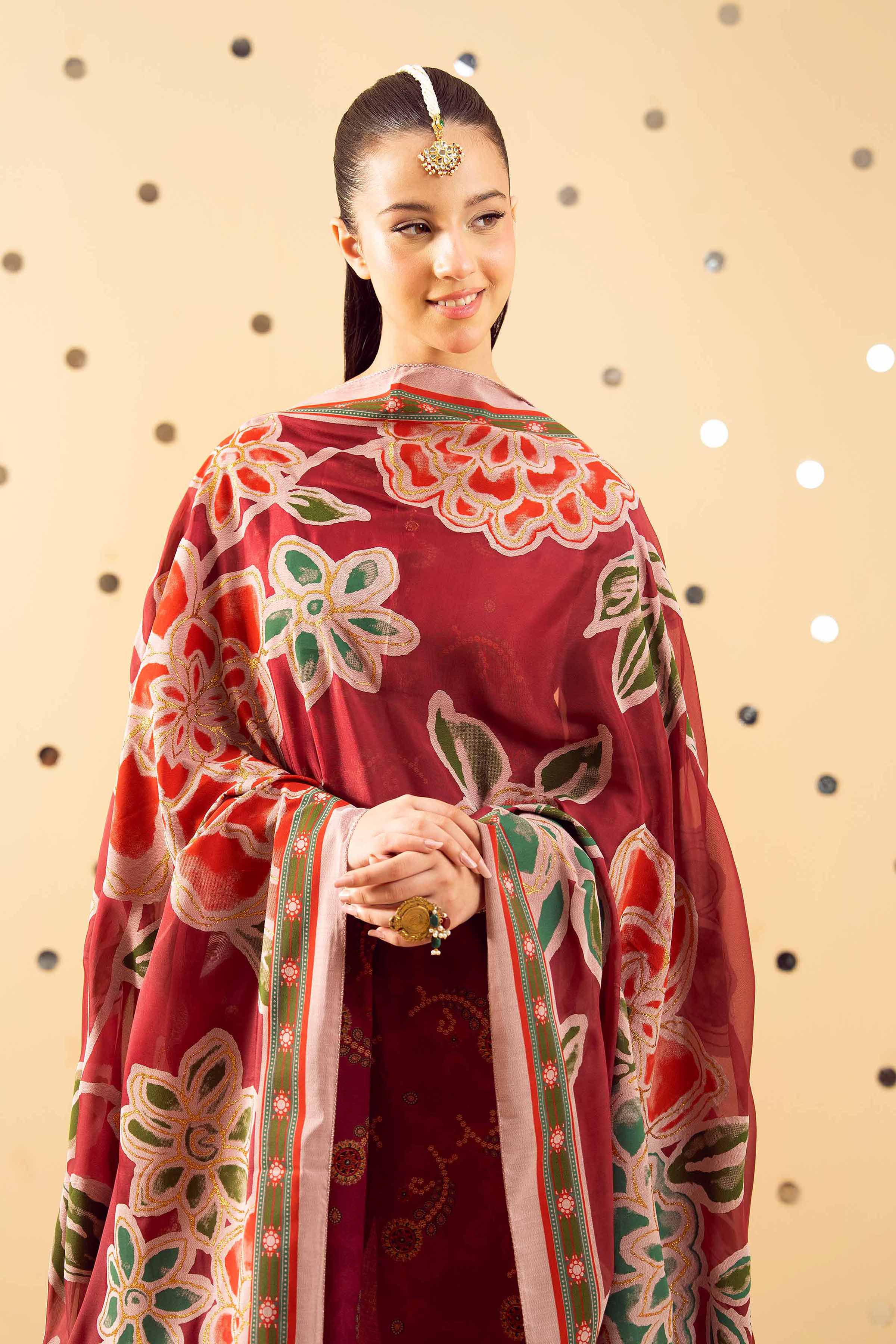 NishatUK - Red Printed  Lawn 3-piece ready to wear Suit
