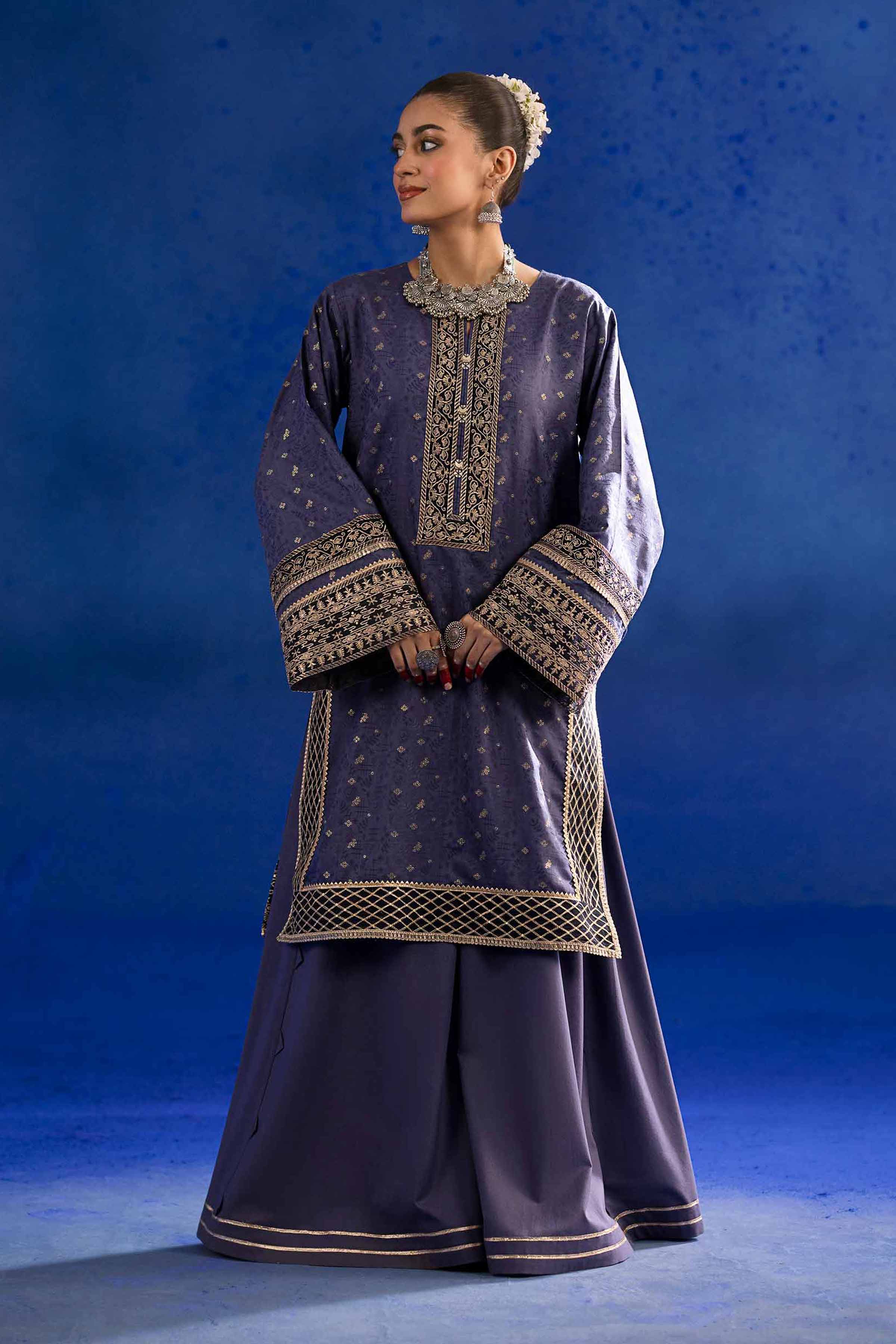 NishatUK - Blue Embroidered  Jacquard 2-piece ready to wear Dress