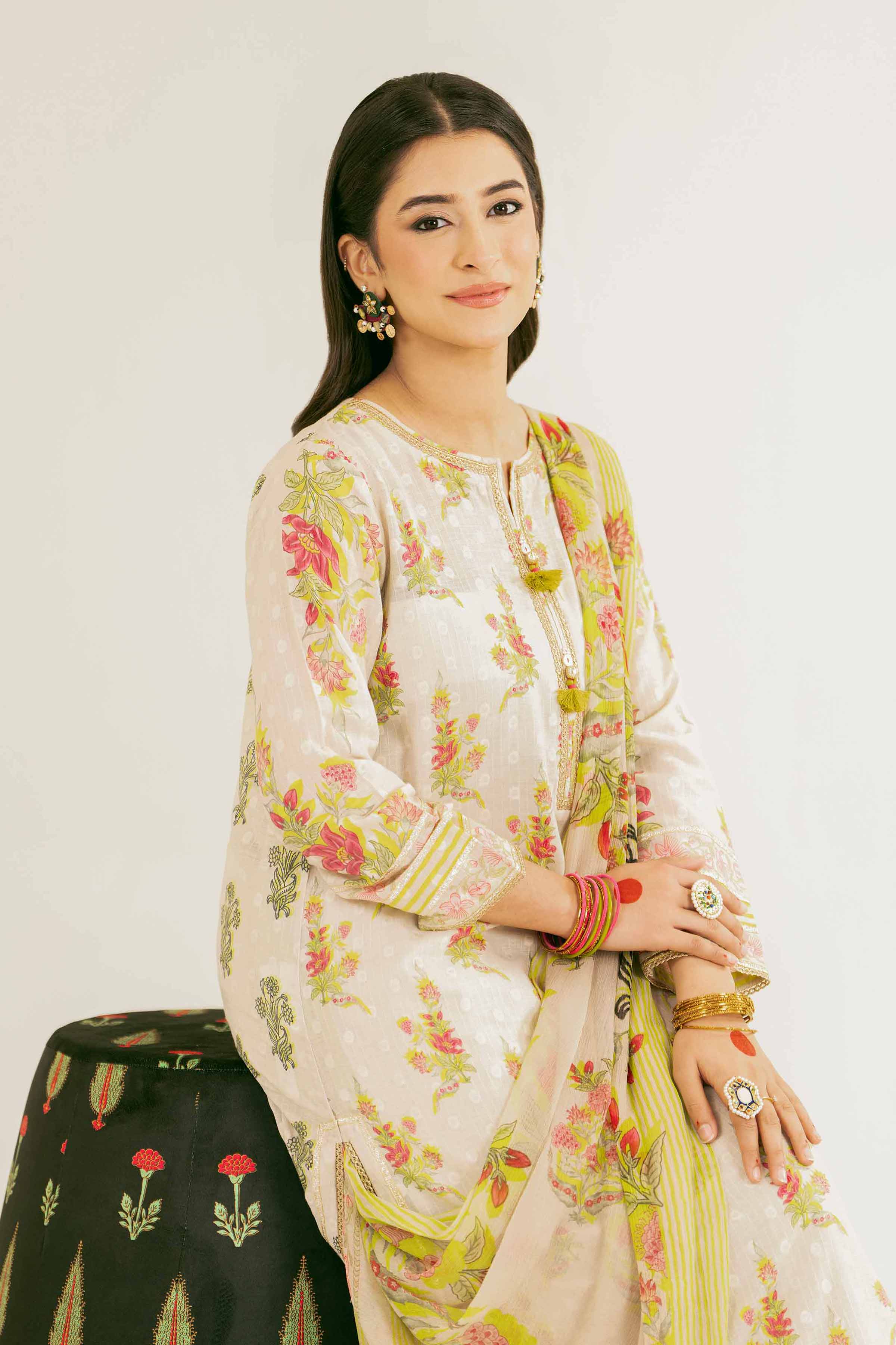 NishatUK - Beige Printed Jacquard 3-piece ready to wear Suit