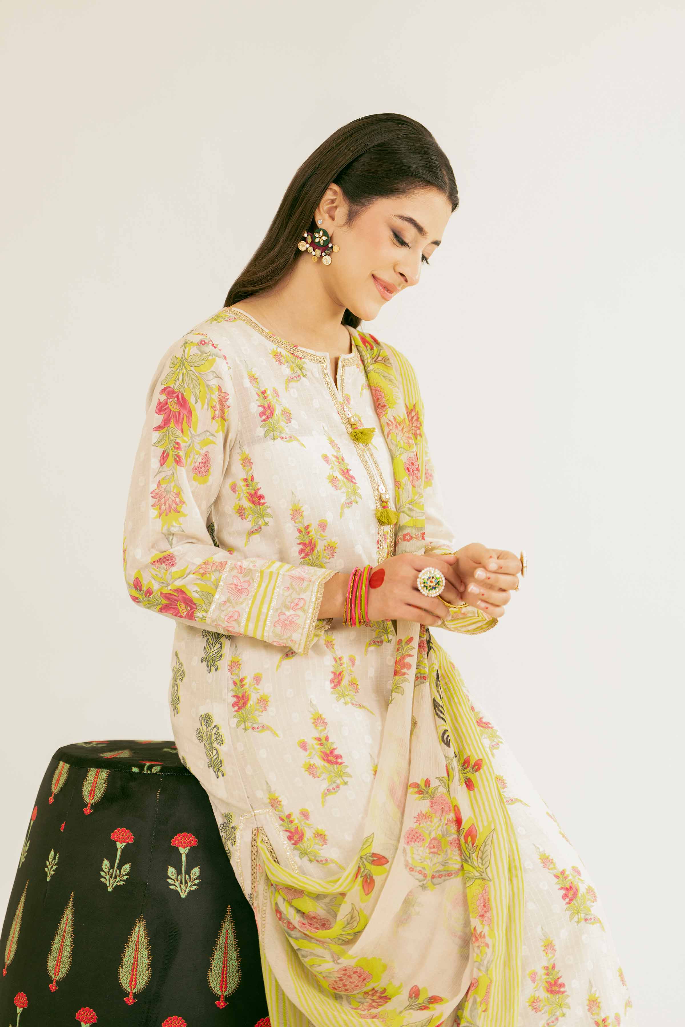 NishatUK - Beige Printed Jacquard 3-piece ready to wear Suit