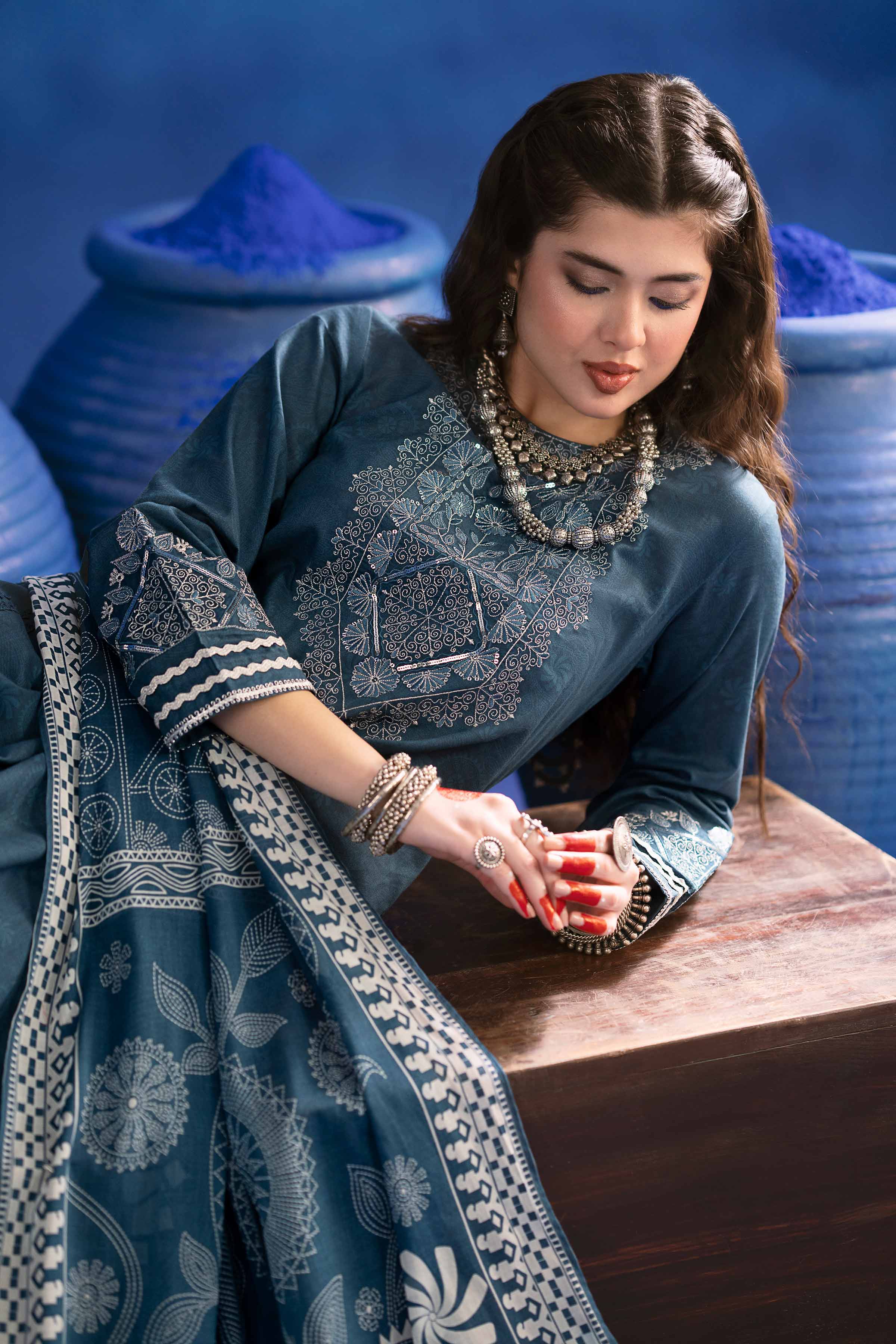 NishatUK - Blue Embroidered  Lawn 3-piece ready to wear Suit