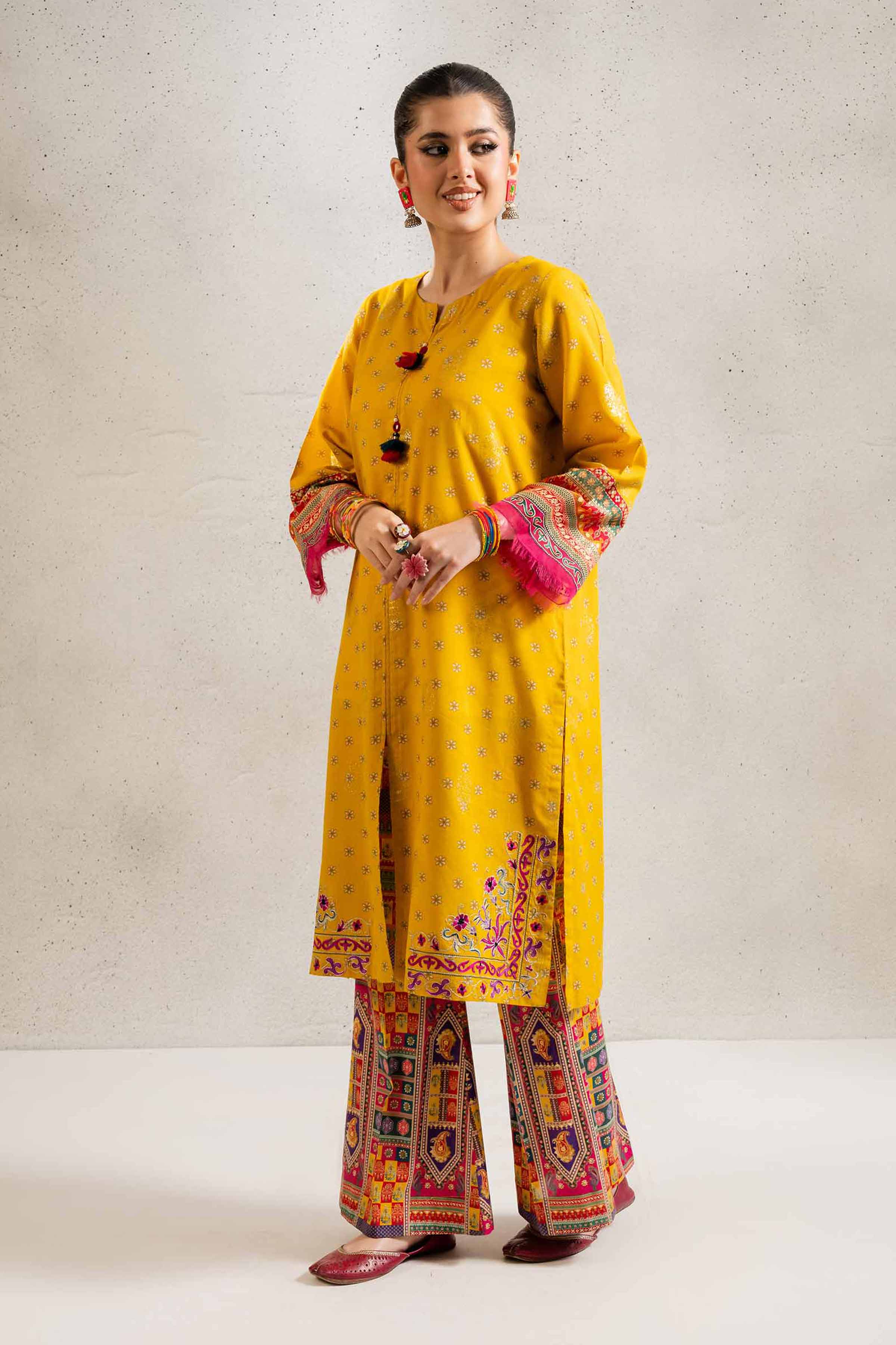 NishatUK - Yellow Embroidered  Jacquard 2-piece ready to wear Dress