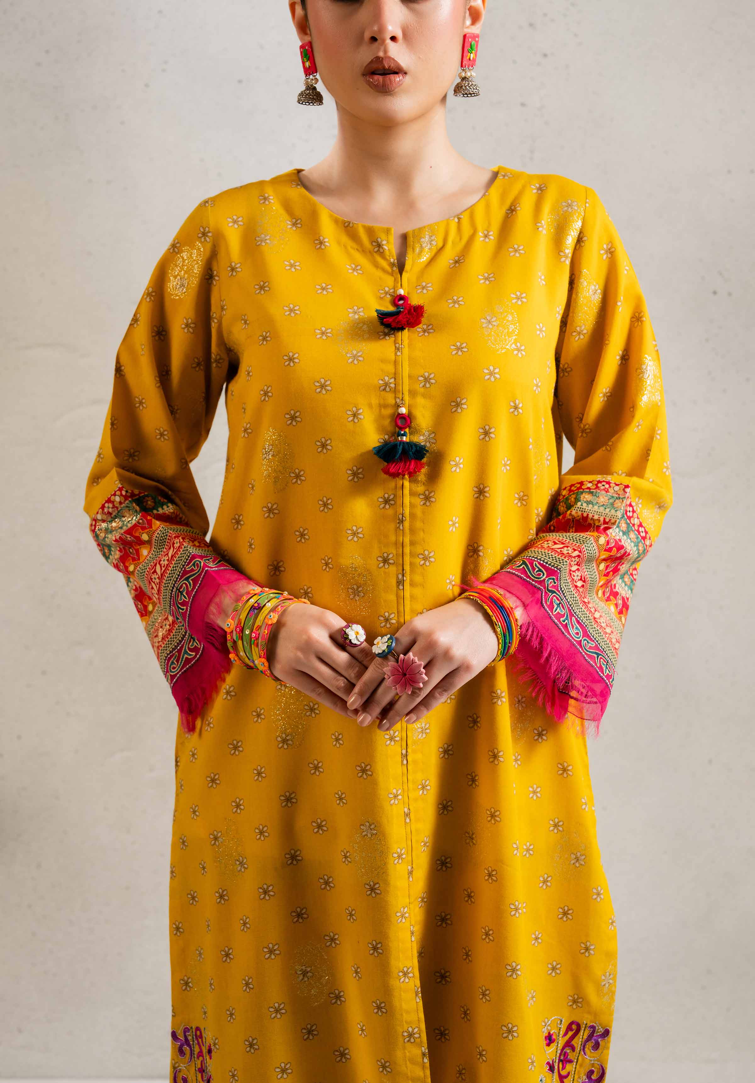 NishatUK - Yellow Embroidered  Jacquard 2-piece ready to wear Dress