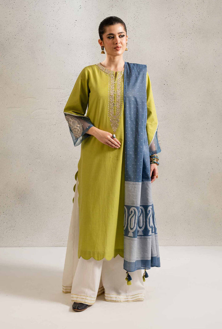 NishatUK - Parrot Green Embroidered   Yarn Dyed 2-piece ready to wear Dress