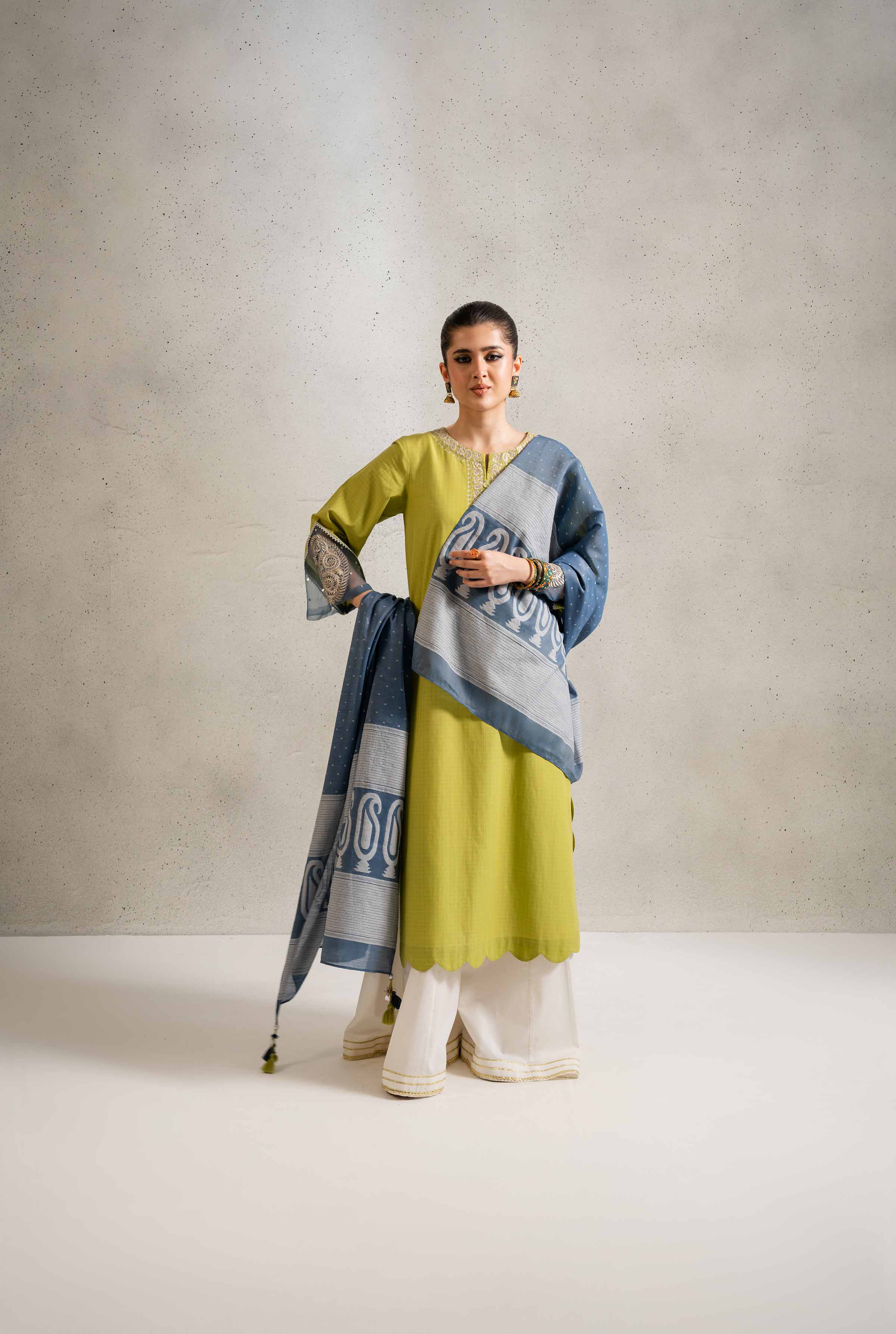NishatUK - Parrot Green Embroidered   Yarn Dyed 2-piece ready to wear Dress
