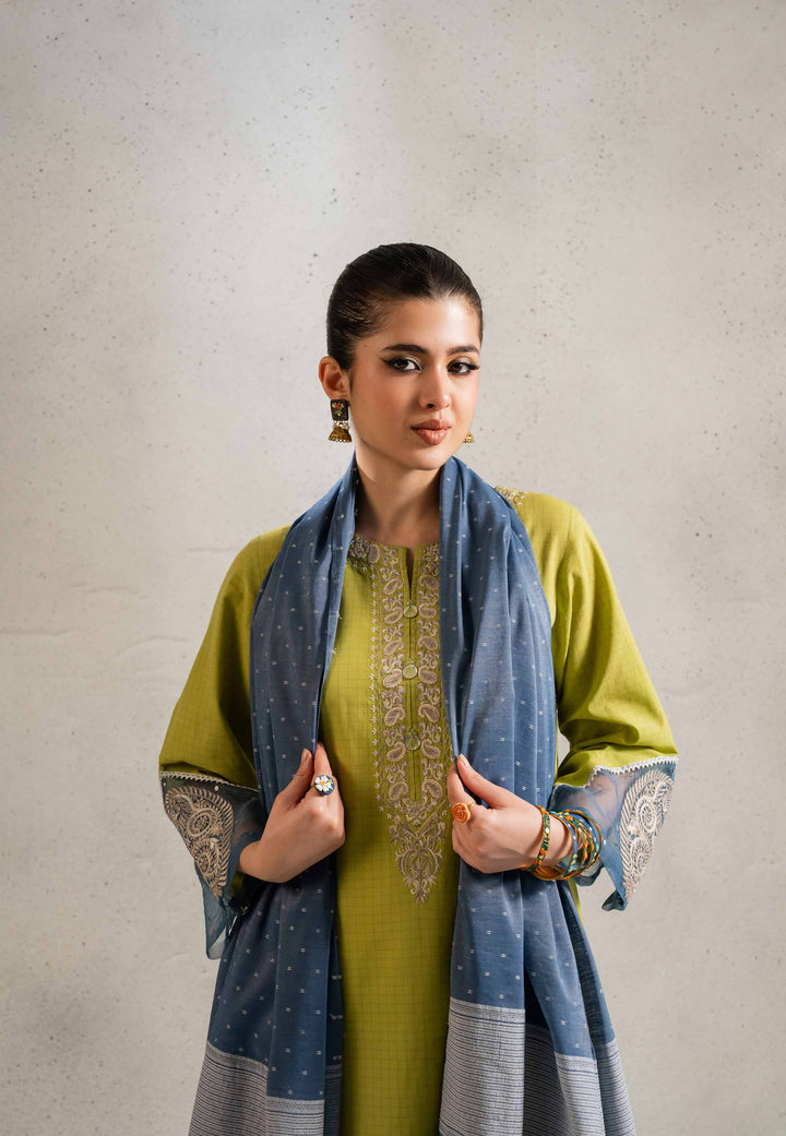 NishatUK - Parrot Green Embroidered   Yarn Dyed 2-piece ready to wear Dress