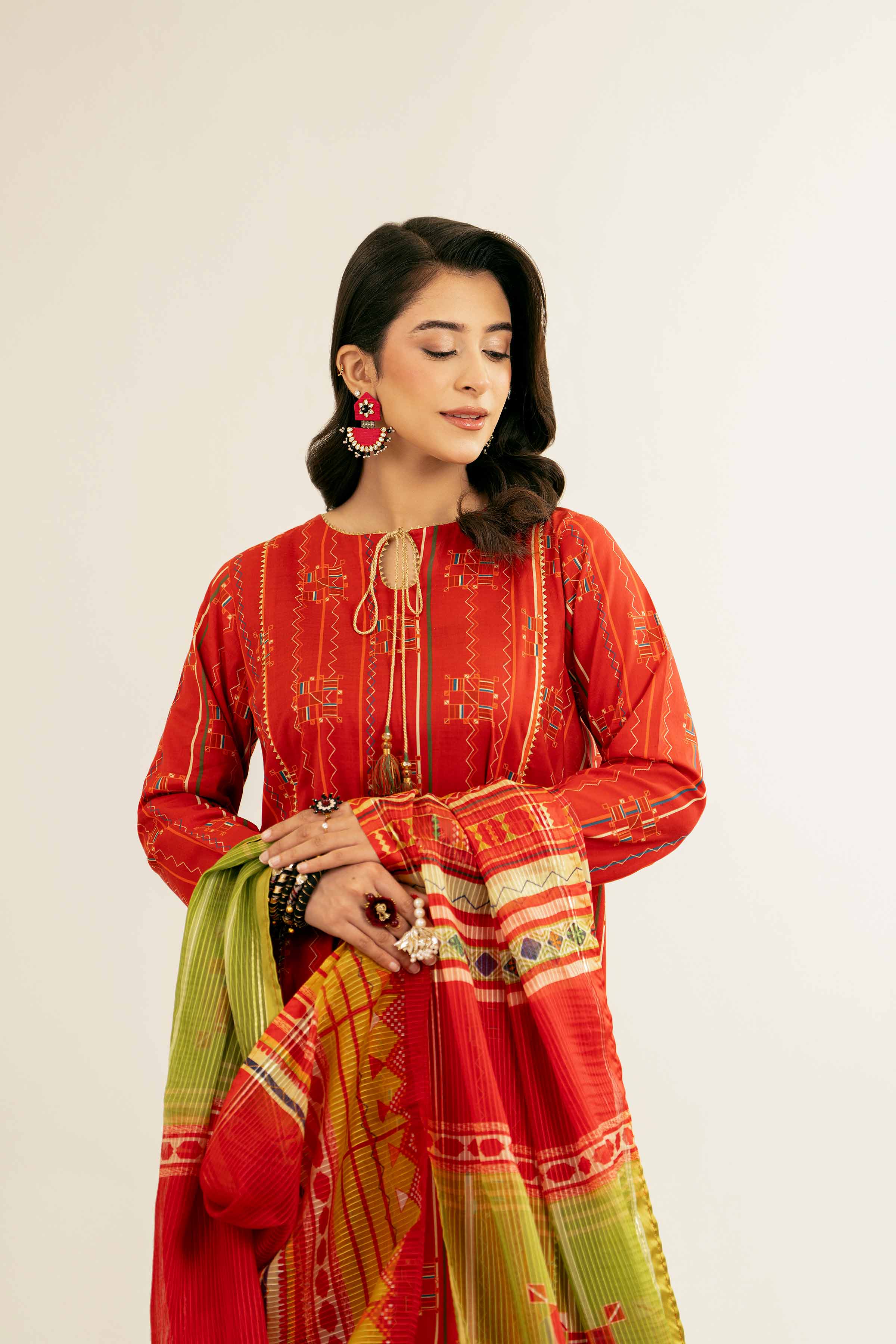NishatUK - Red Printed Lawn 3-piece ready to wear Suit