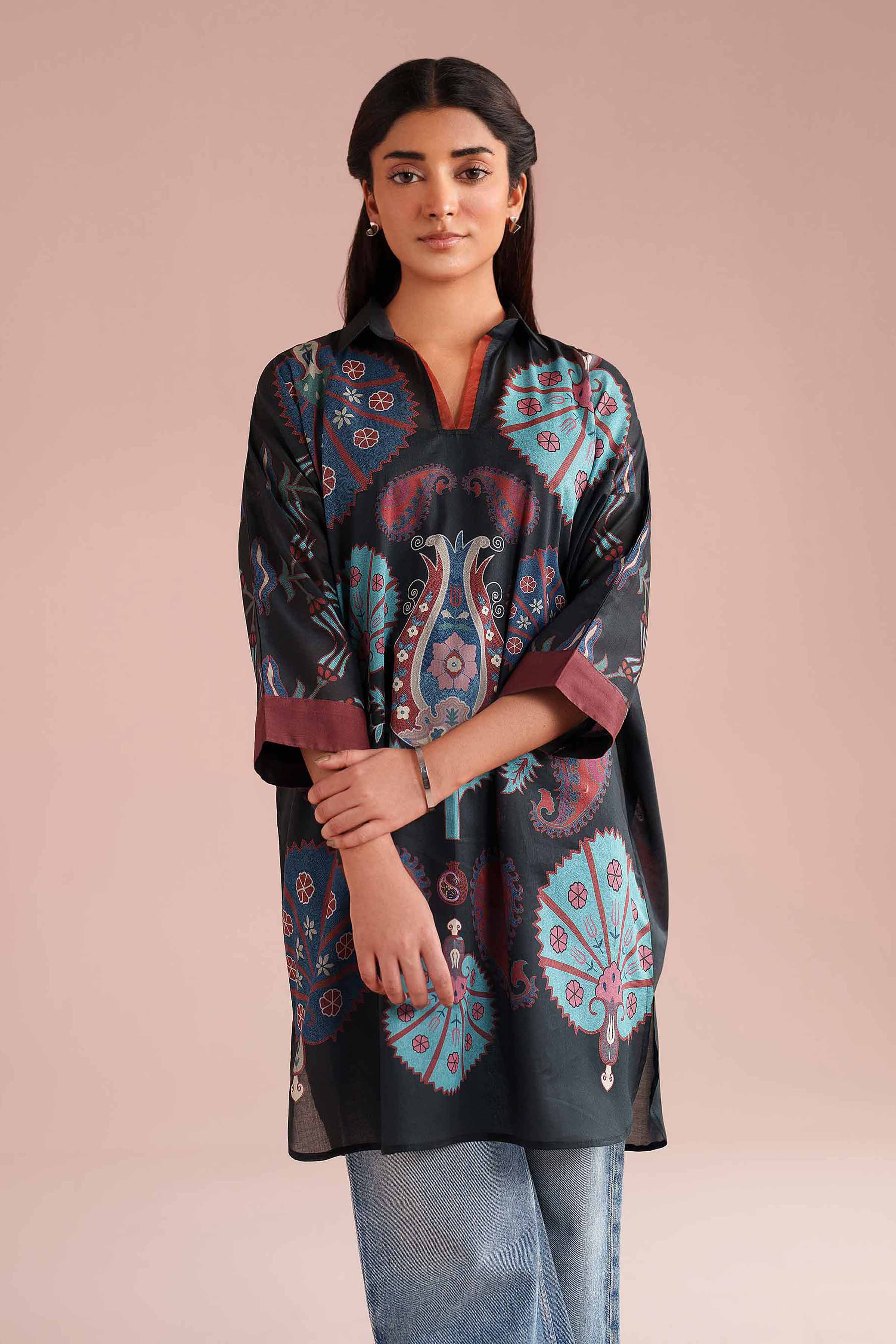 NishatUK - Black Printed Lawn 1-piece ready to wear Kimono