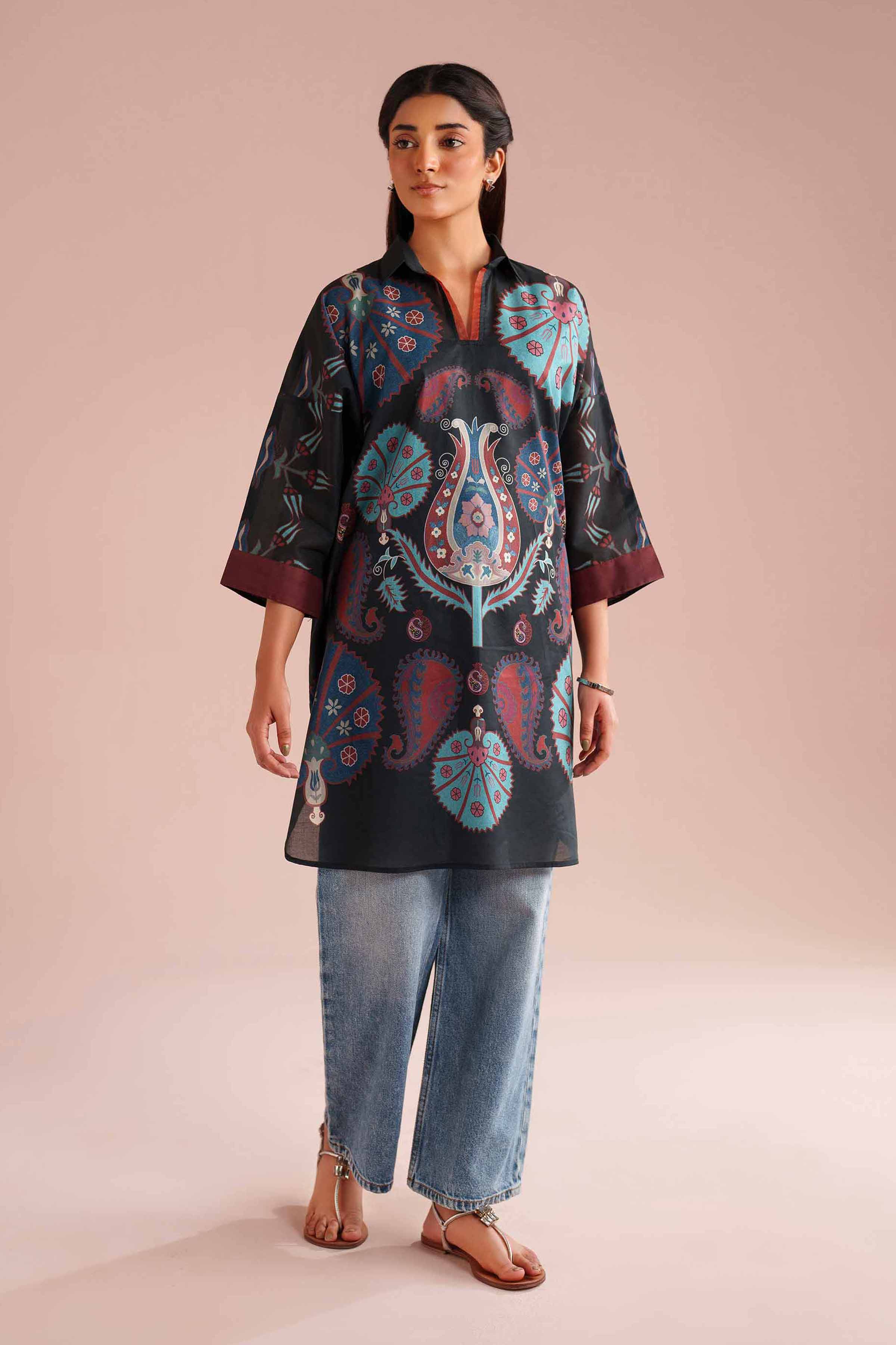 NishatUK - Black Printed Lawn 1-piece ready to wear Kimono