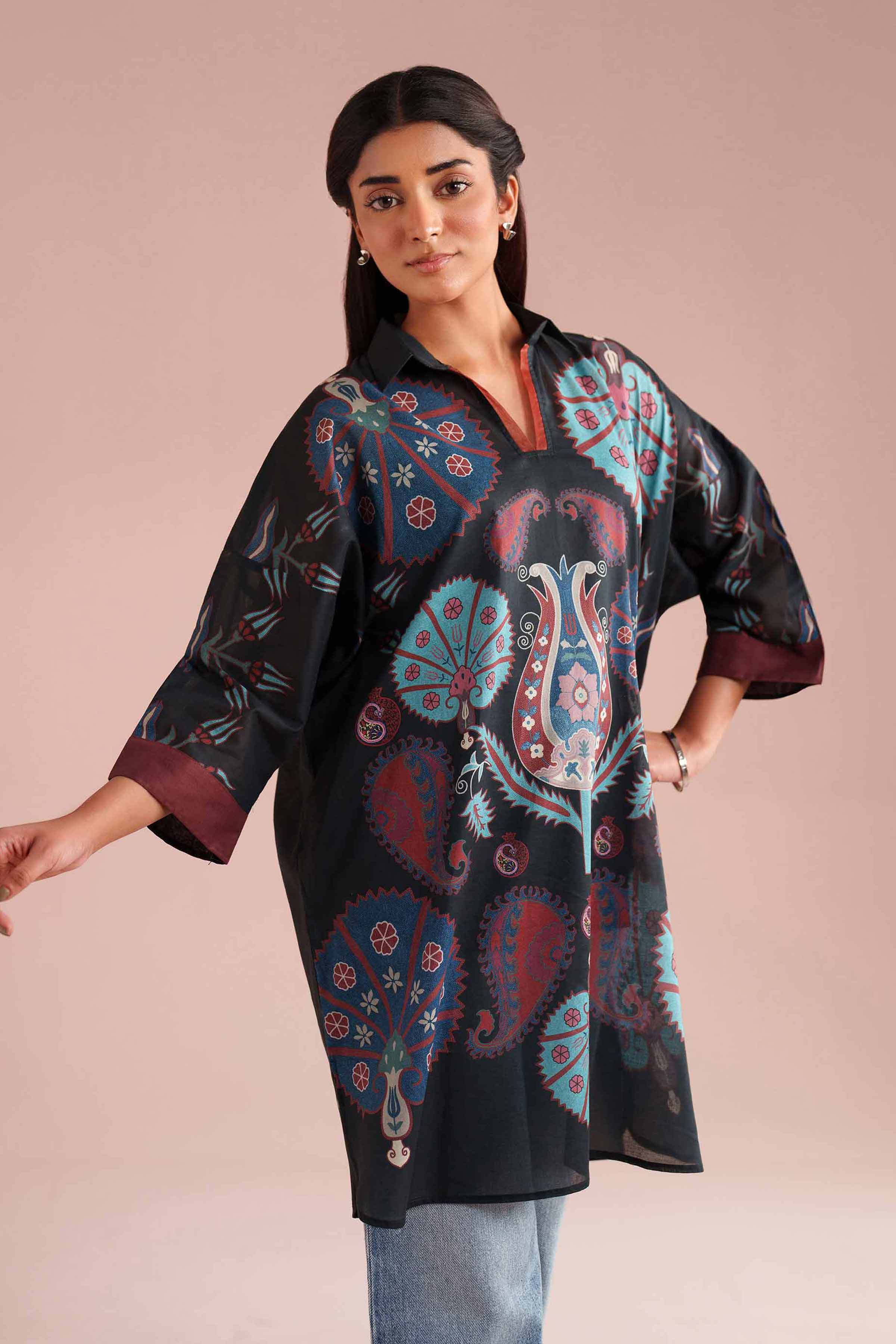 NishatUK - Black Printed Lawn 1-piece ready to wear Kimono