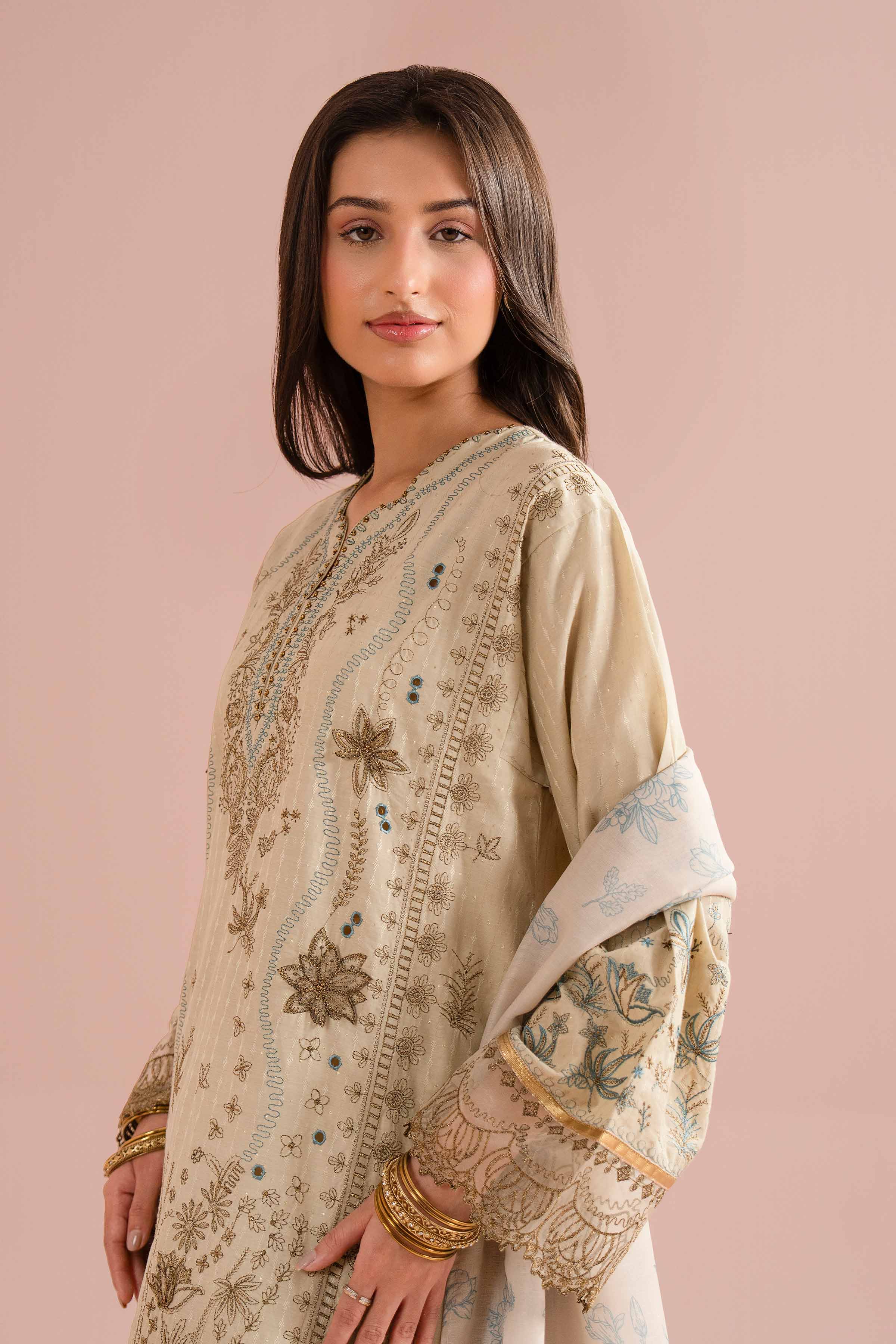 Nishat UK - Beige Embroidered Lurex Dyed 3 Pieces Ready To Wear Suit