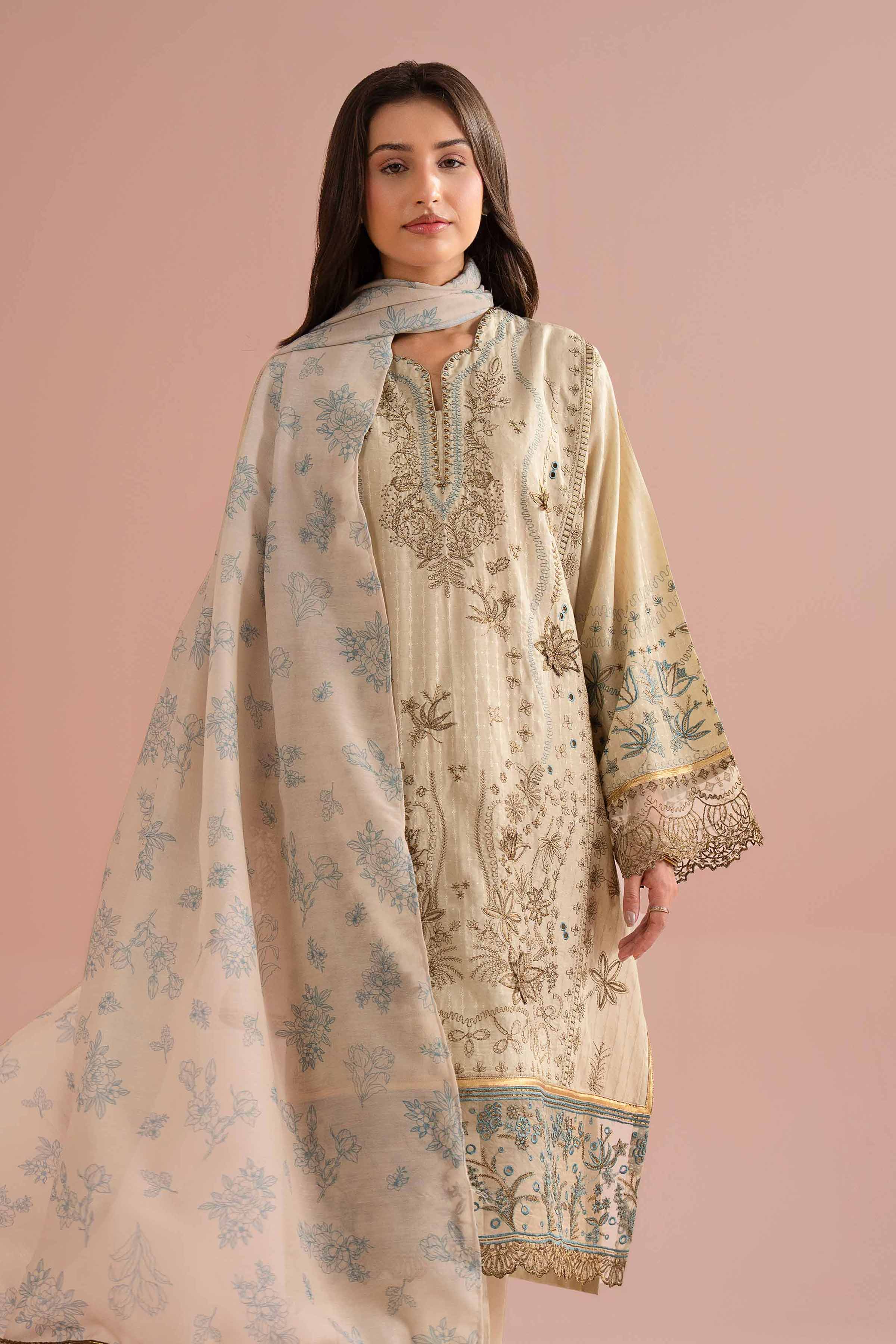 Nishat UK - Beige Embroidered Lurex Dyed 3 Pieces Ready To Wear Suit