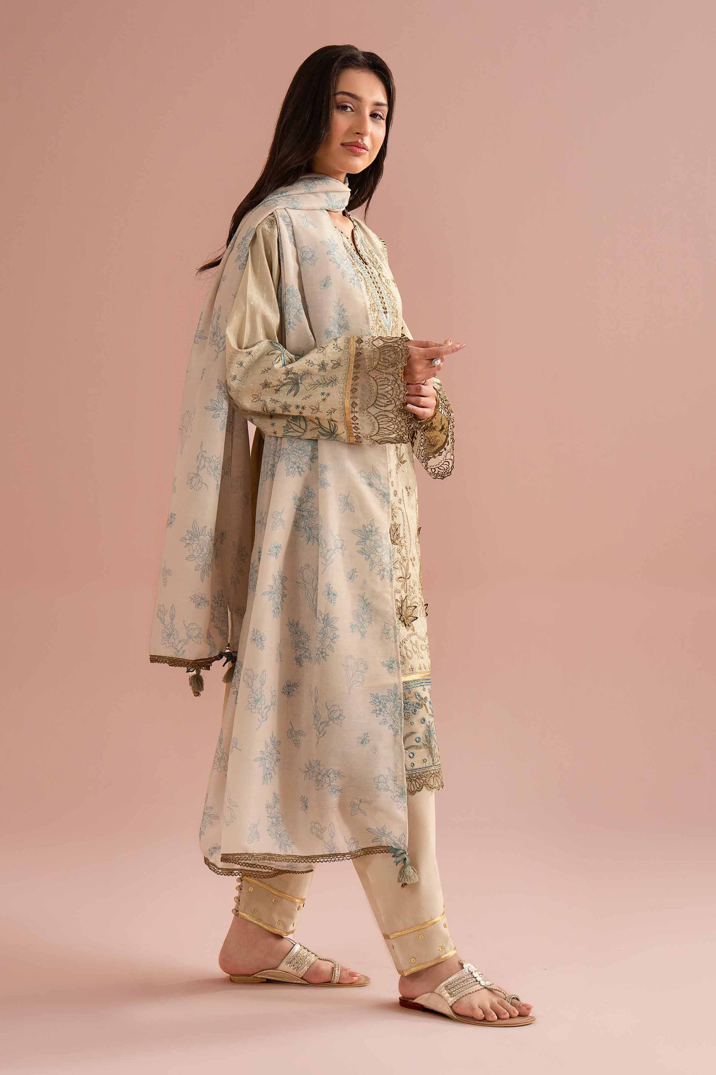 Nishat UK - Beige Embroidered Lurex Dyed 3 Pieces Ready To Wear Suit