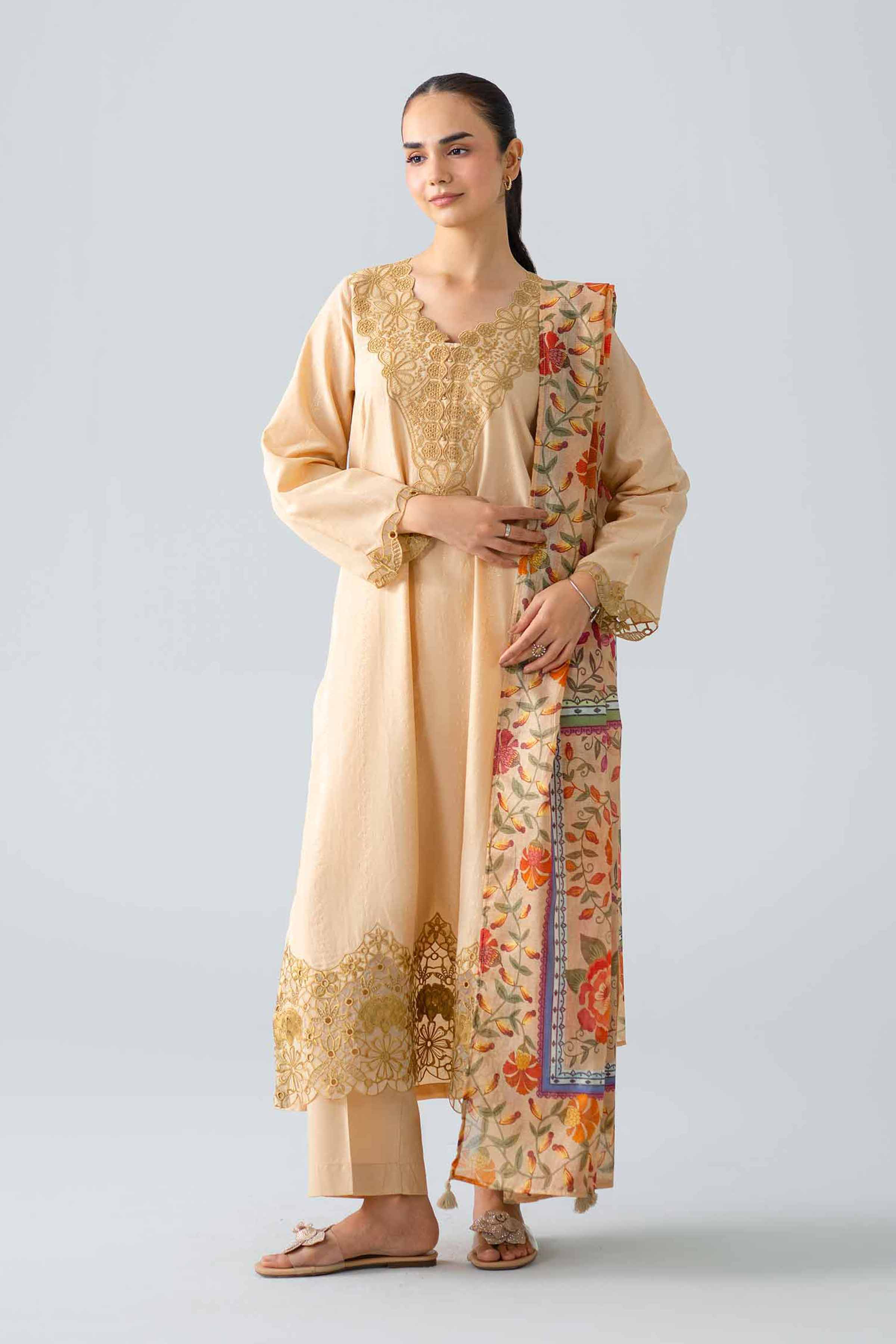 Nishat UK - Beige Embroidered Jacquard 3-piece ready to wear Suit