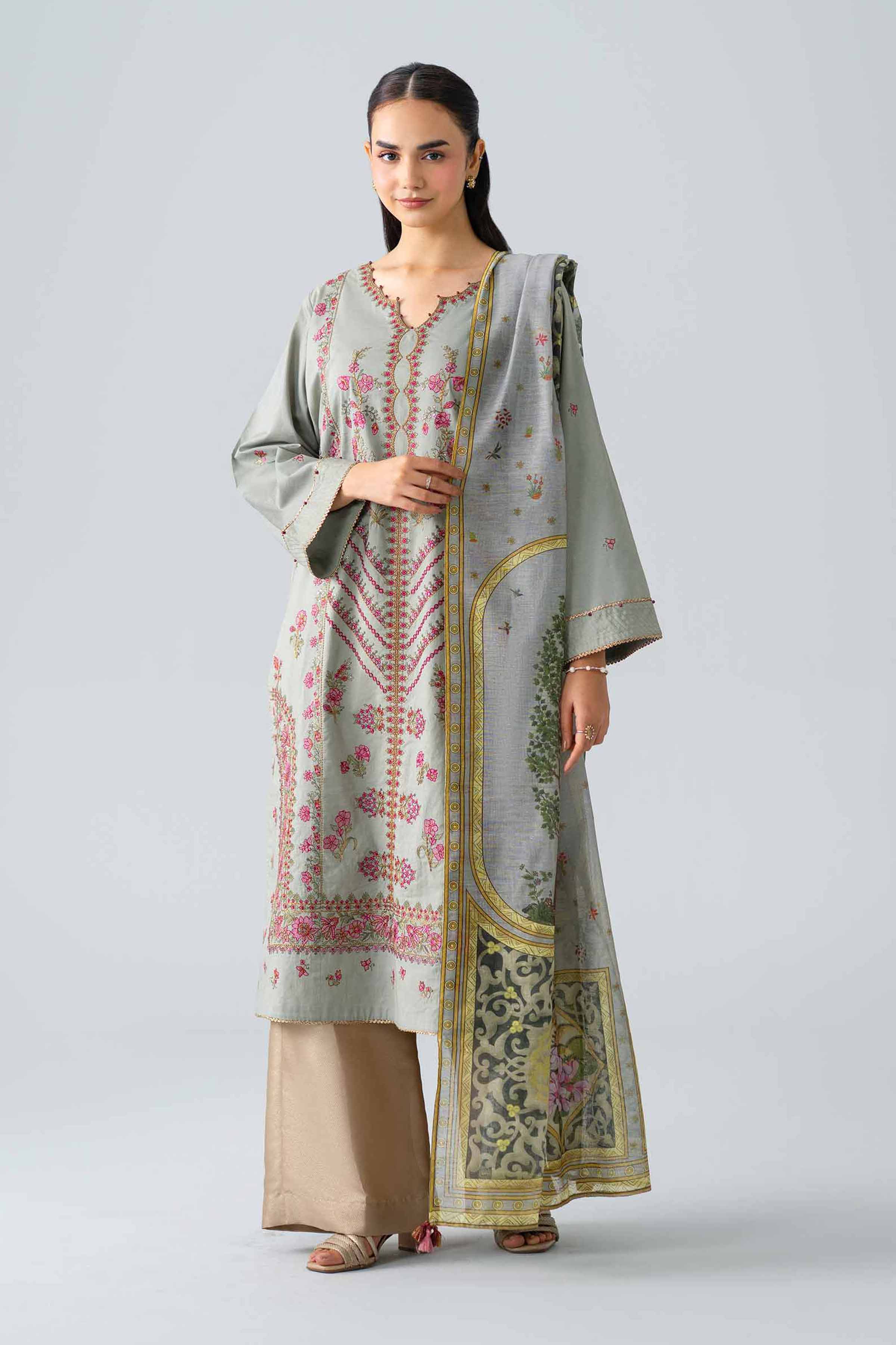 Nishat UK - Grey Embroidered Cambric 2 Piece ready to wear Dress